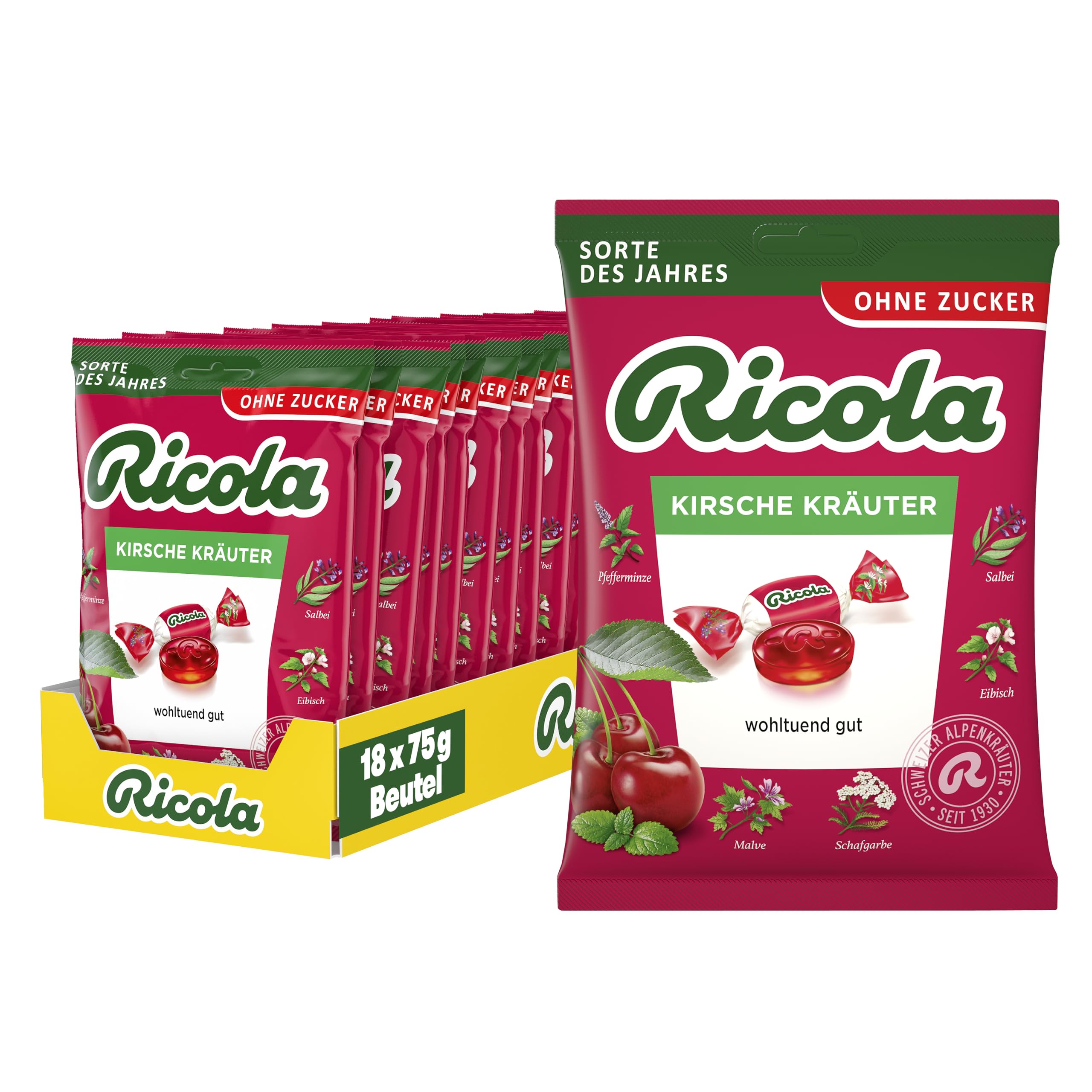 Ricola Kirsche Kräuter, 18 Beutel Original Schweizer Kräuter-Bonbons mit 13 Alpenkräutern und fruchtiger Kirsche, zuckerfrei, Vorrats-Größe, 18 x 75g