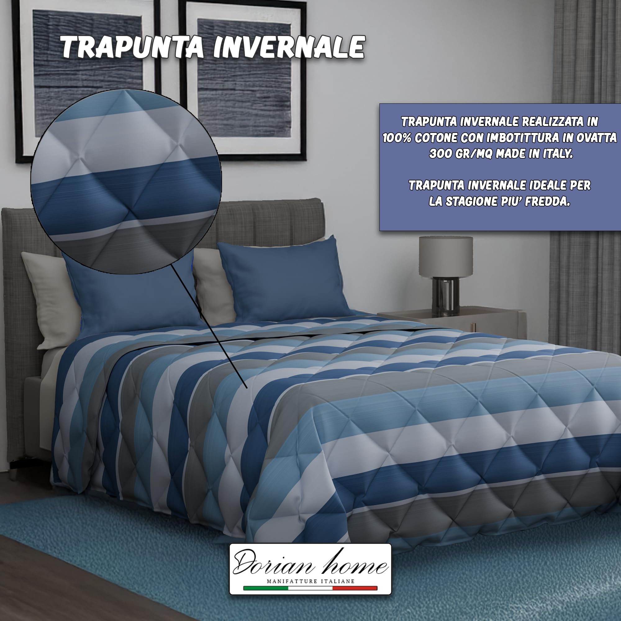 Dorian Home, Trapunta Invernale Matrimoniale in Cotone, Piumone Matrimoniale Double Face, Trapunta Matrimoniale Invernale 270x270 cm Made in Italy (Garda Blu, Singolo 170x270 cm)