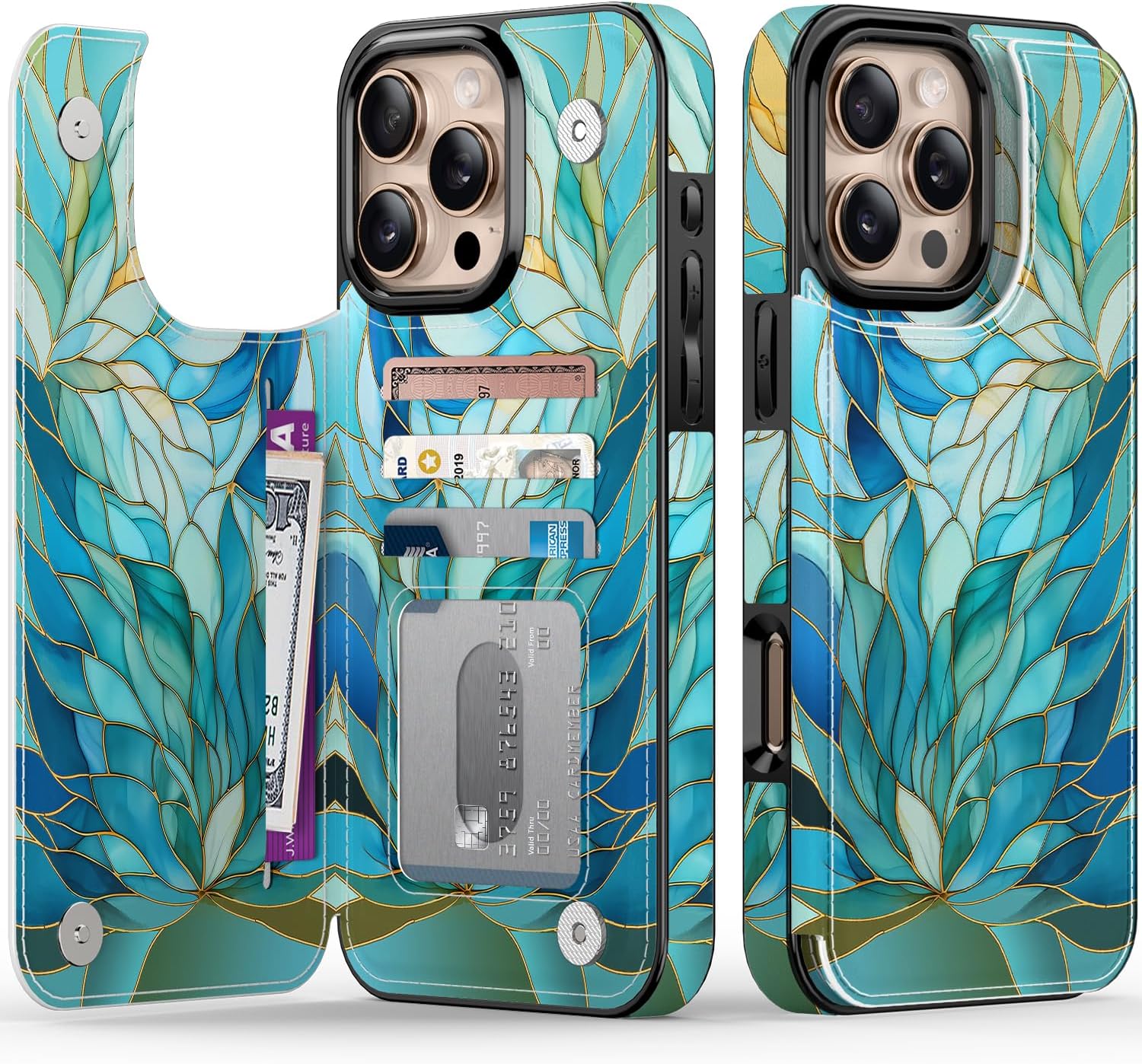 FUNMIKO for iPhone 16 Pro Max Wallet Case with Card Holder, RFID-Blocking, Military-Grade Protection & UV-Printed Artwork, Magnetic Closure with Leather Kickstand - Sleek Cyan Leaf