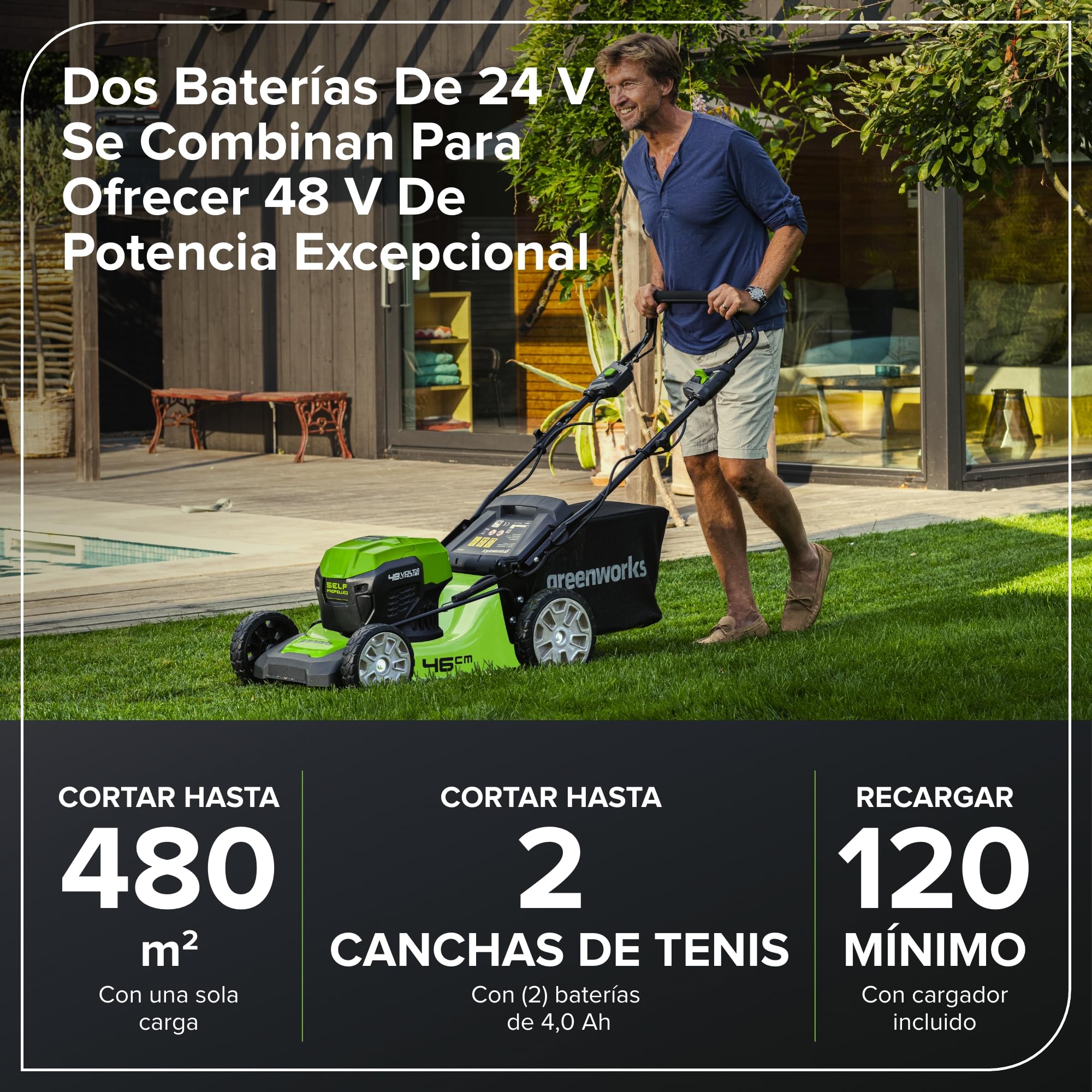 Greenworks 48V (24V x 2) Cortacésped de Batería Autopropulsada para Céspedes Grandes Hasta 480 m², Ancho de Corte 46 cm, Bolsa de 55L MÁS Dos Baterías 24V de 4Ah y Cargador Doble,GD24X2LM46SPK4X