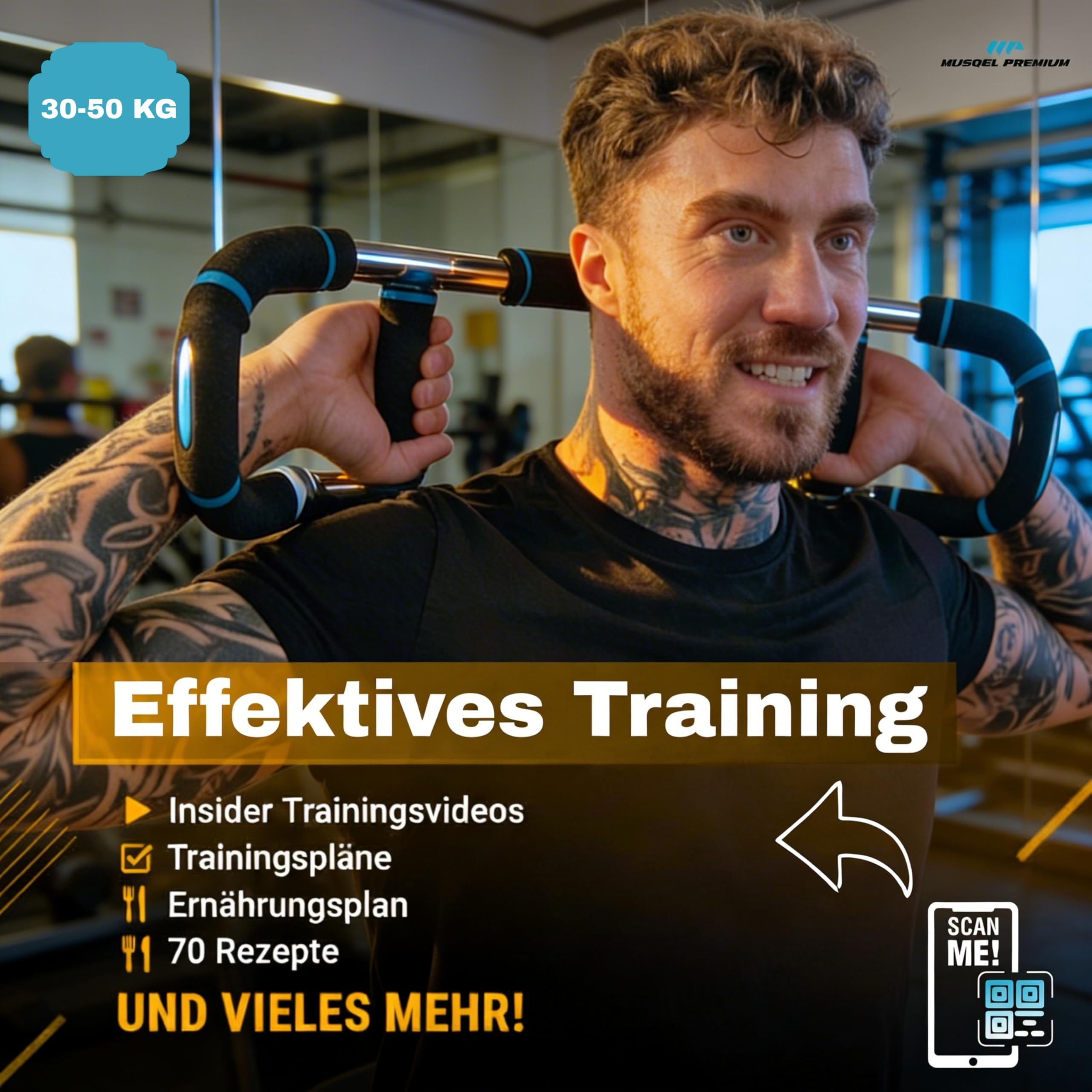 Power Twister Armtrainer, Brusttrainer Männer (20-30KG) / (30-50KG) - Trainingsgerät mit Anleitungen & Übungen, Rostfreier Edelstahl / Fitnessgerät für Zuhause & Outdoor - MUSQEL PREMIUM