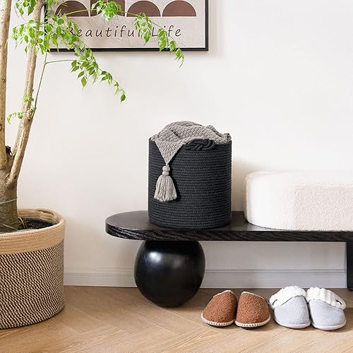 Miniatura 5 de Goodpick Paquete de 3 cubos de almacenamiento de cuerda tejida para organización de armario y estantes, cestas redondas decorativas negras para
