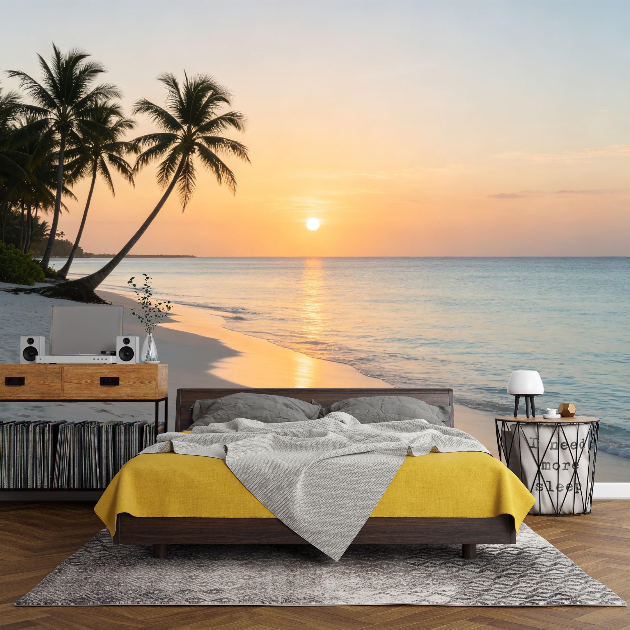 Custom Size Wall Mural， Coastal Palm Beach Sunset Ocean Horizon Tropical Seaside View，SelfAdhesive Art Prints wall Fabric (No PVC) Removable Wallpaper Living Room Decor