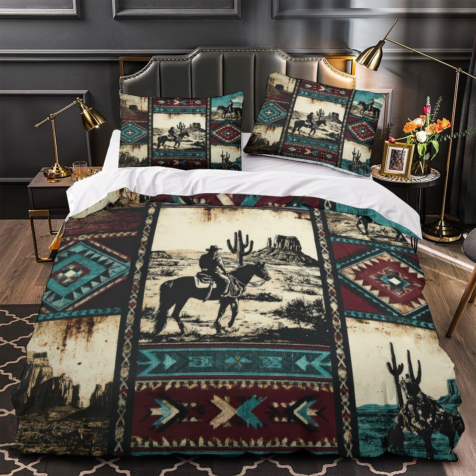 Housse de couette respirante et hypoallergénique 3D motif cowboy ouest microfibre douce