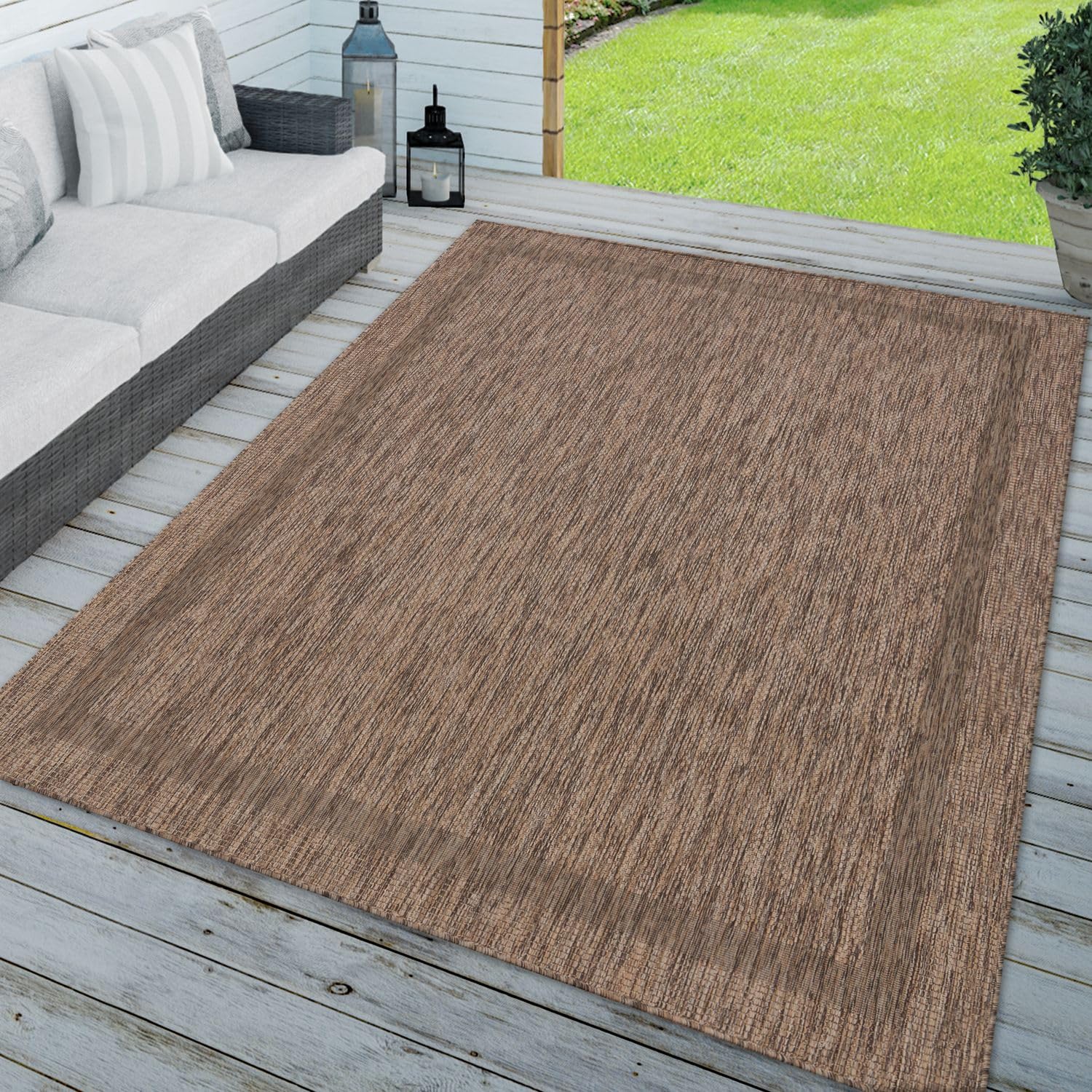 TT Home Outdoor Rug Garden Rug Unicoloured Border Modern, colour: Brown, Size:80x150 cm