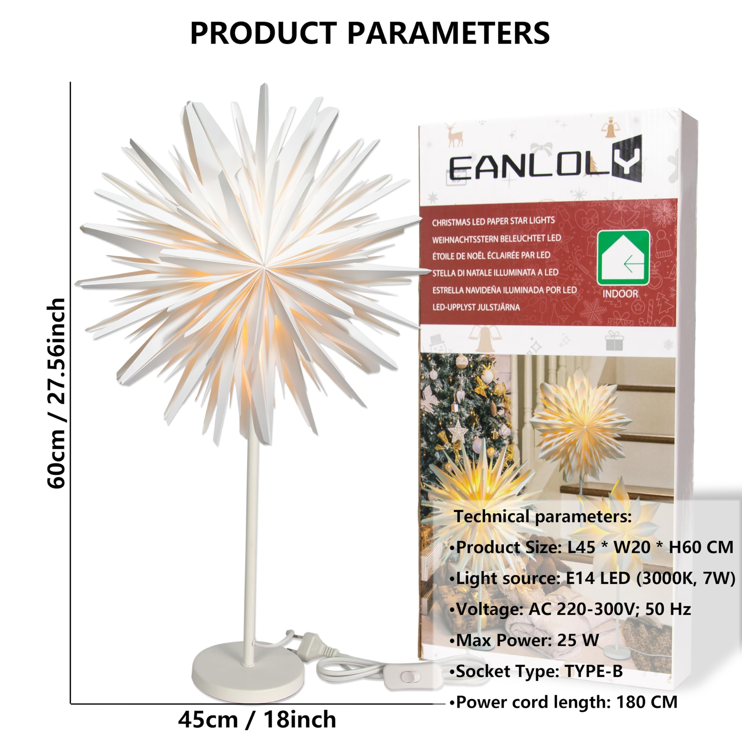 Stehender Weihnachtsstern Beleuchtet - LED Papierstern Weihnachten Tischlampe für Weihnachtsdeko Innen Fenster， Leuchtsterne Deko, Weihnachtsbeleuchtung Lichterkette, Weiß