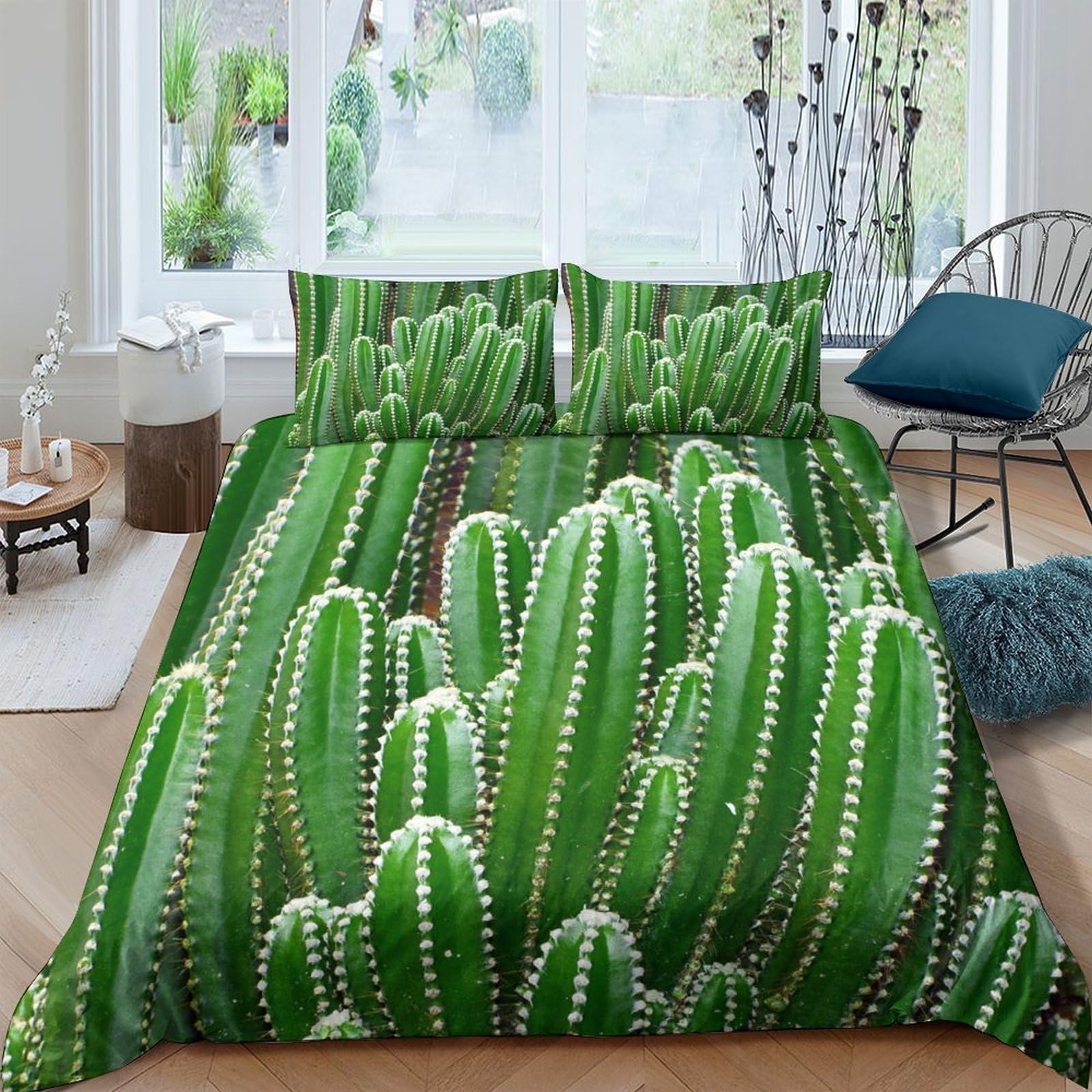 GPLZQXKJNH 3D Printed Cactus Green Botanical Duvet Cover Microfiber Breathable Succulent Bedding Set with 2 Pillowcases Single（135x200cm）