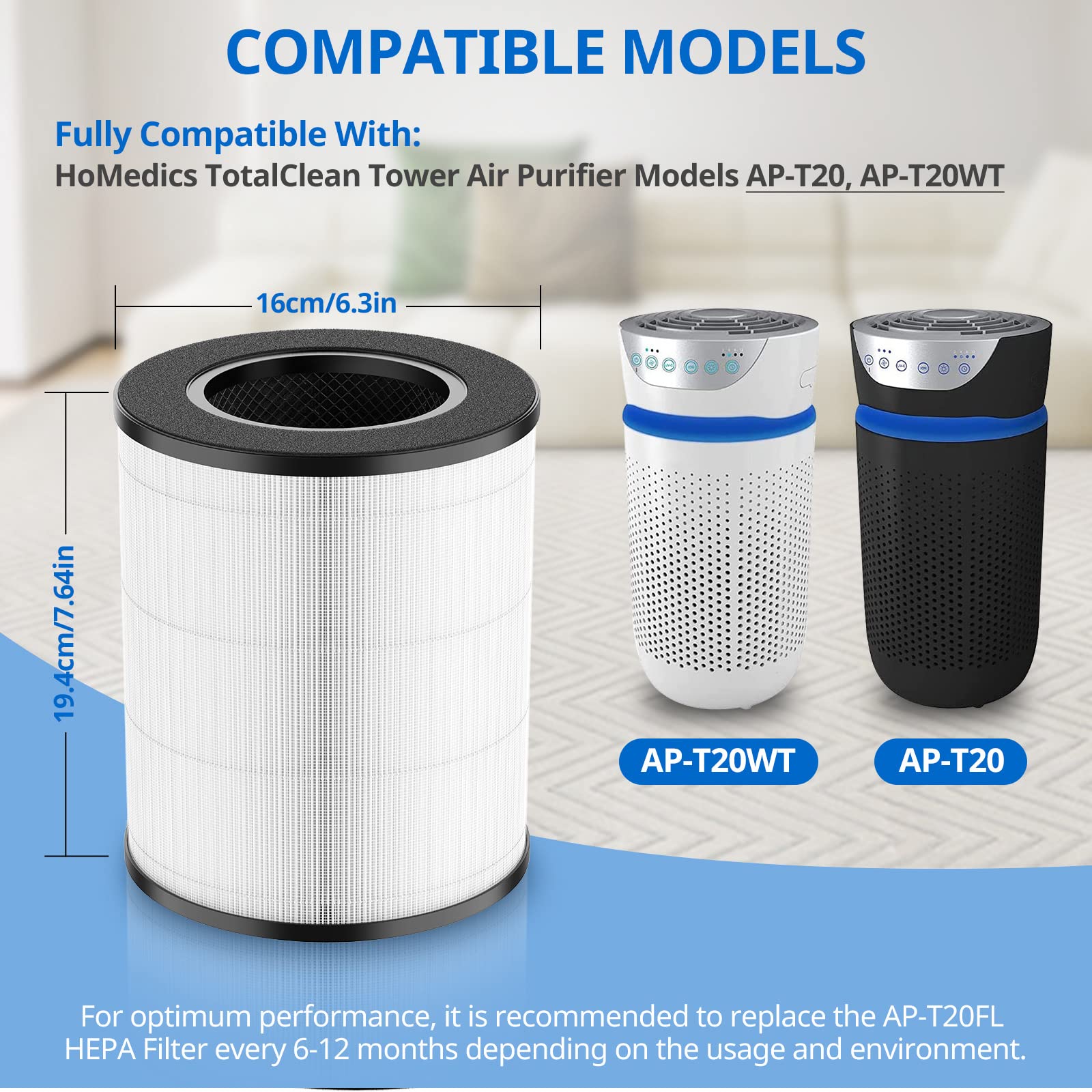 AP-T20 Replacement Filter Compatible with Homedics AP-T20 Air Purifier Filter, 3-in-1 Total Clean Tower Higher Grade Ture HEPA Type Filters Replacement for AP-T20WT AP-T20BK, Part#AP-T20FL, 2 Pack