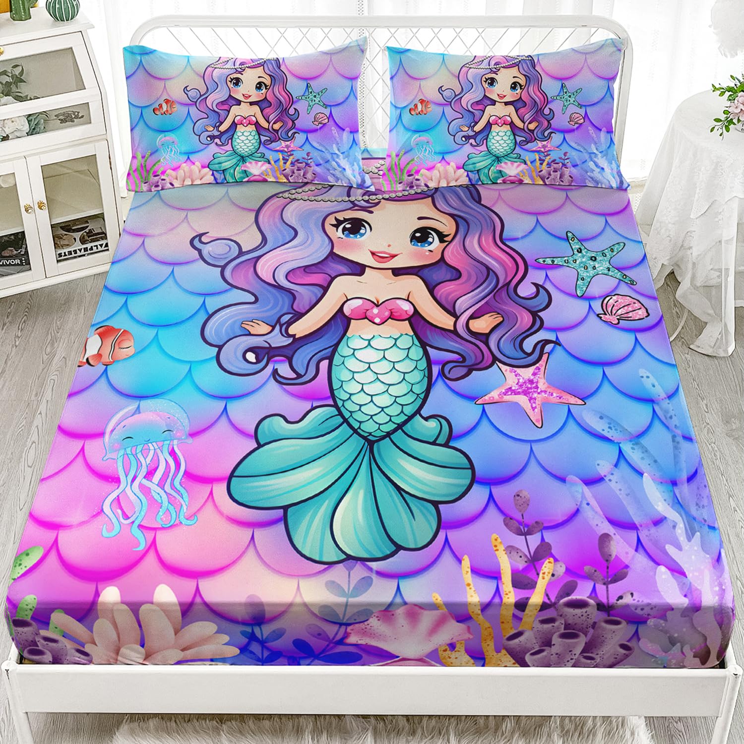 AILONEN Mermaid Fitted Sheet for Kids Girls Twin Size, Mermaid Princess Bedding Set,Ocean Theme Bed Sheet Set,Purple Blue Watercolor Fish Scale