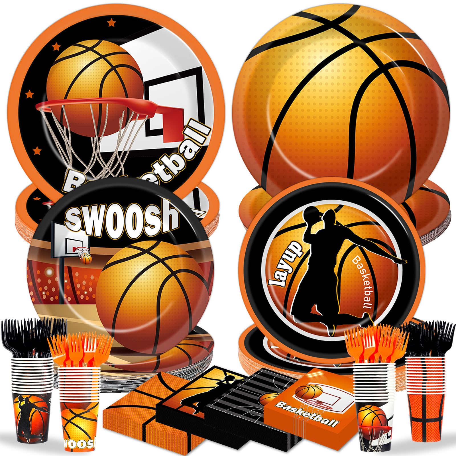 250 Pcs Basketball Birthday Party Decors Basketballs Disposable Party Tableware Sets Including Plates Cups Napkins Basketball Sports Theme Dinnerware for Sports Birthday Parties Supplies Serves 50