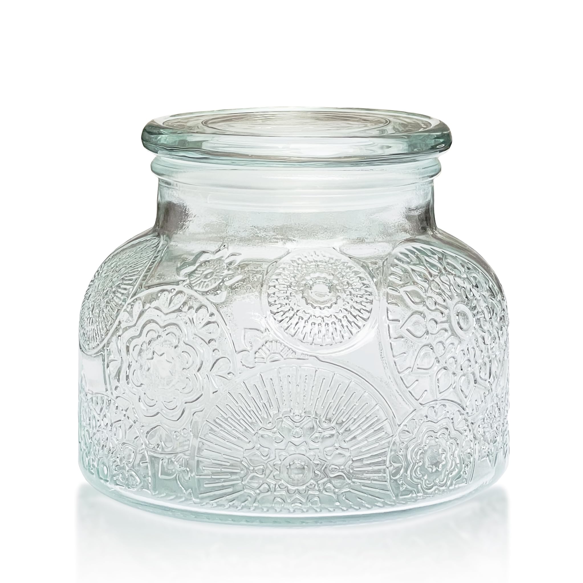 Decorative Glass Jar with Airtight Glass Lid 25.4 oz, Flora Embossed Wide Mouth Vintage Kitchen Food Storage Container for Cookie Candy Honey Flour Spice Coffee Tea, Home Decor Sand Candle Holder Vase