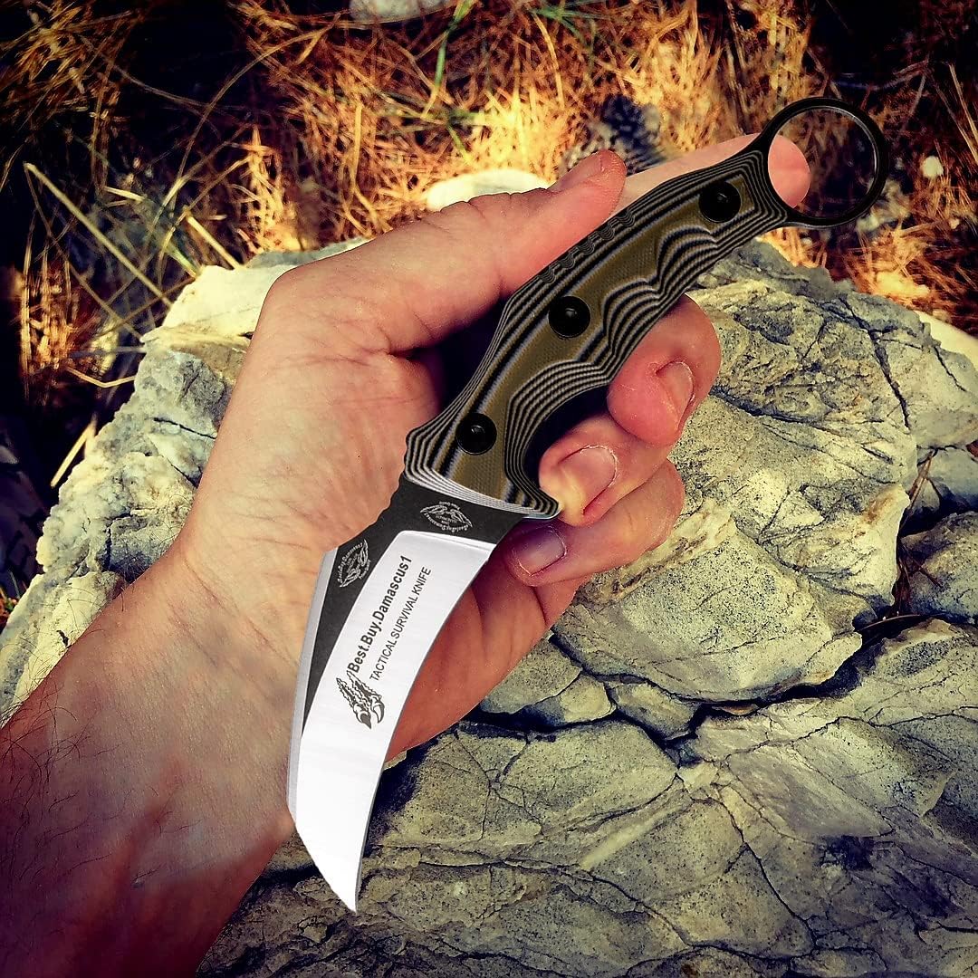 Best.Buy.Damascus1 Hunting knife Fixed Blade Knife 8.2" Tactical knife Green G10 Knife 440c Steel Hunting gear Tactical gear Camping Accessories Knife Sharpeners Premium Quality knives gifts for men