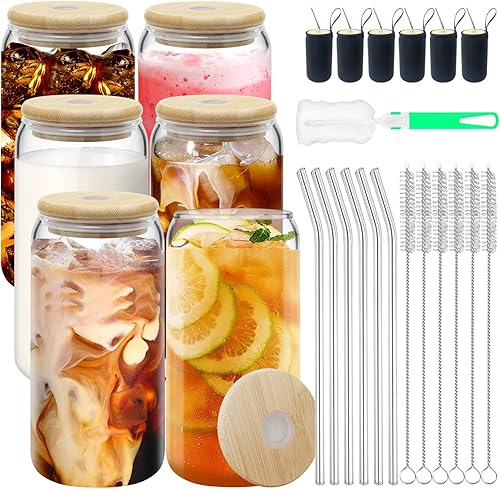 6Pack Glass Cups Can Beer Shaped Drinking Glasses with Bamboo LidsStainless Steel Straws and Cup Holder Set 16 OZ Iced Coffee Sake Glasses Cup for