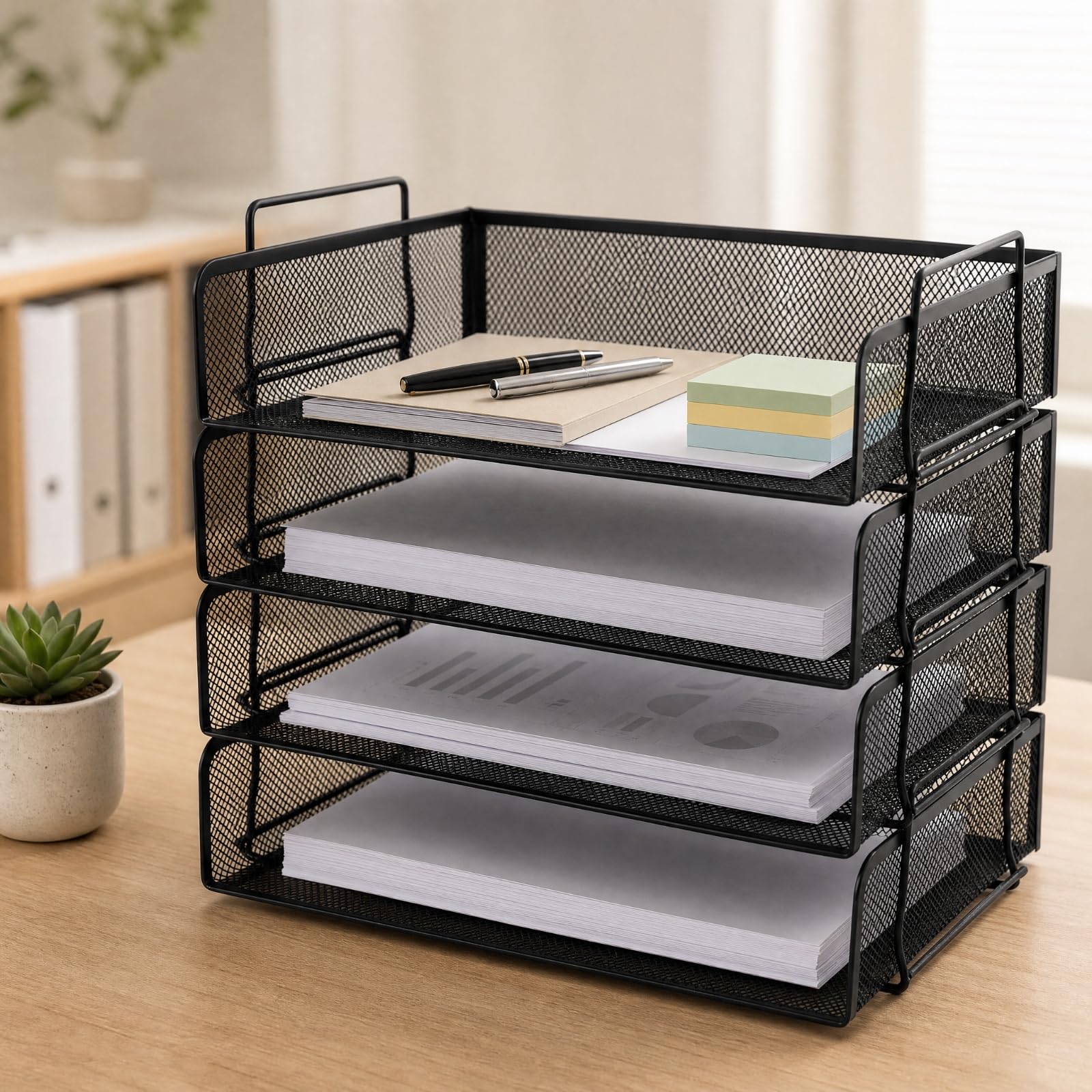 predolo Organizador Escritorio con 4 Bandejas Apilable Organizador Vertical Papeles Malla Clasificador Escritorio Metal Negro