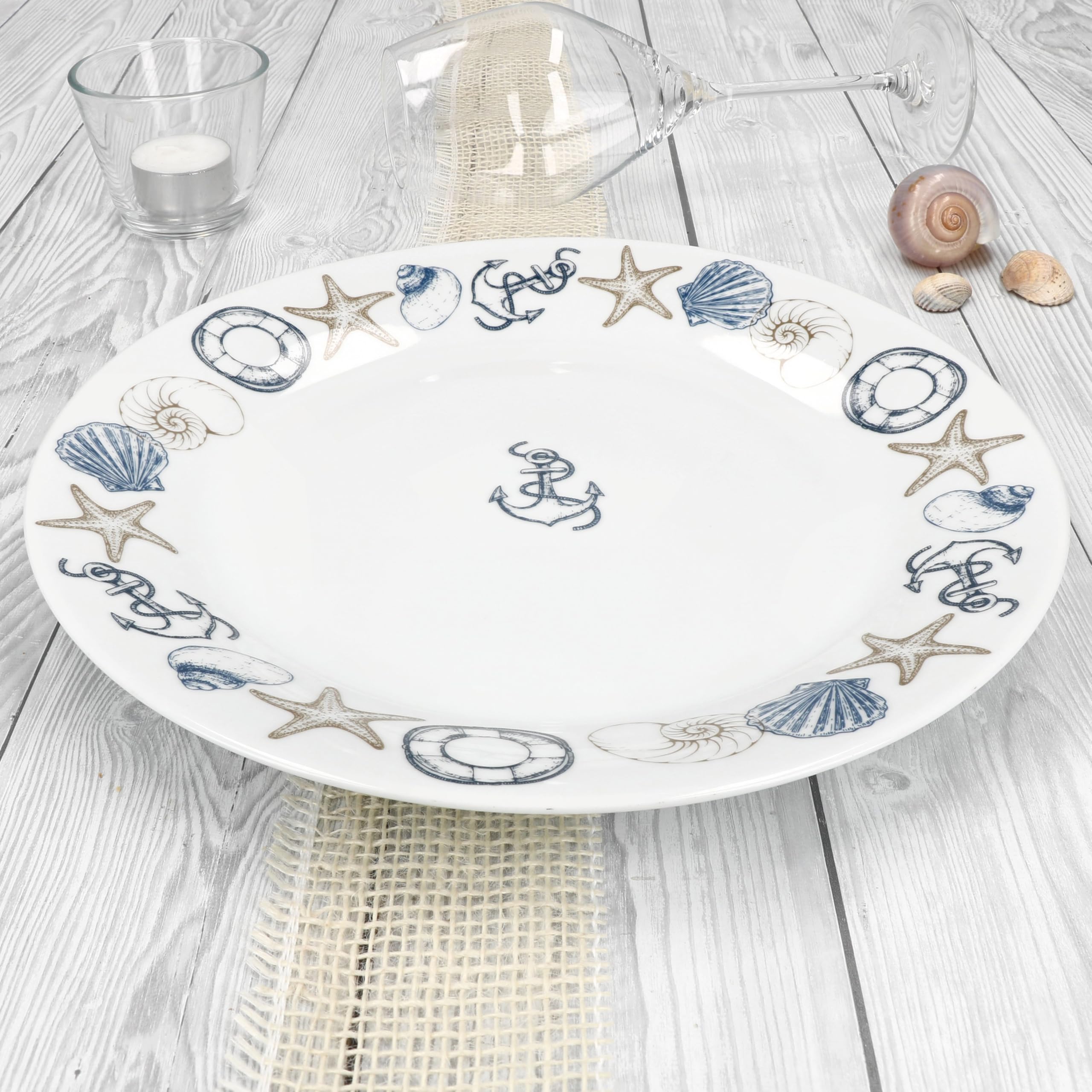 MamboCat Neptun Lot de 6 assiettes plates I Ø 27 cm I Assiettes en porcelaine avec motifs maritimes ancres, coquillages et autres pour 6 personnes I Grandes assiettes pour repas principaux, barbecue