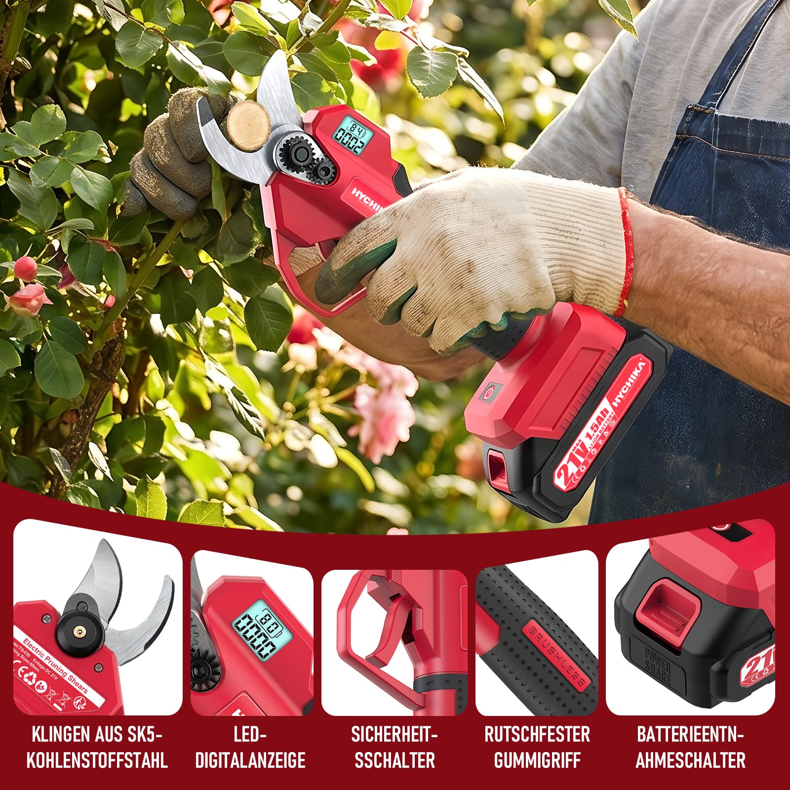 HYCHIKA akku astschere 21 V mit Akku bis 30 mm für Baumpflege | Profi Astschere mit langlebigen SK5 Klingen und LCD-Display. Inklusive 2x 1.5Ah Batterien, ideal für Hecken.