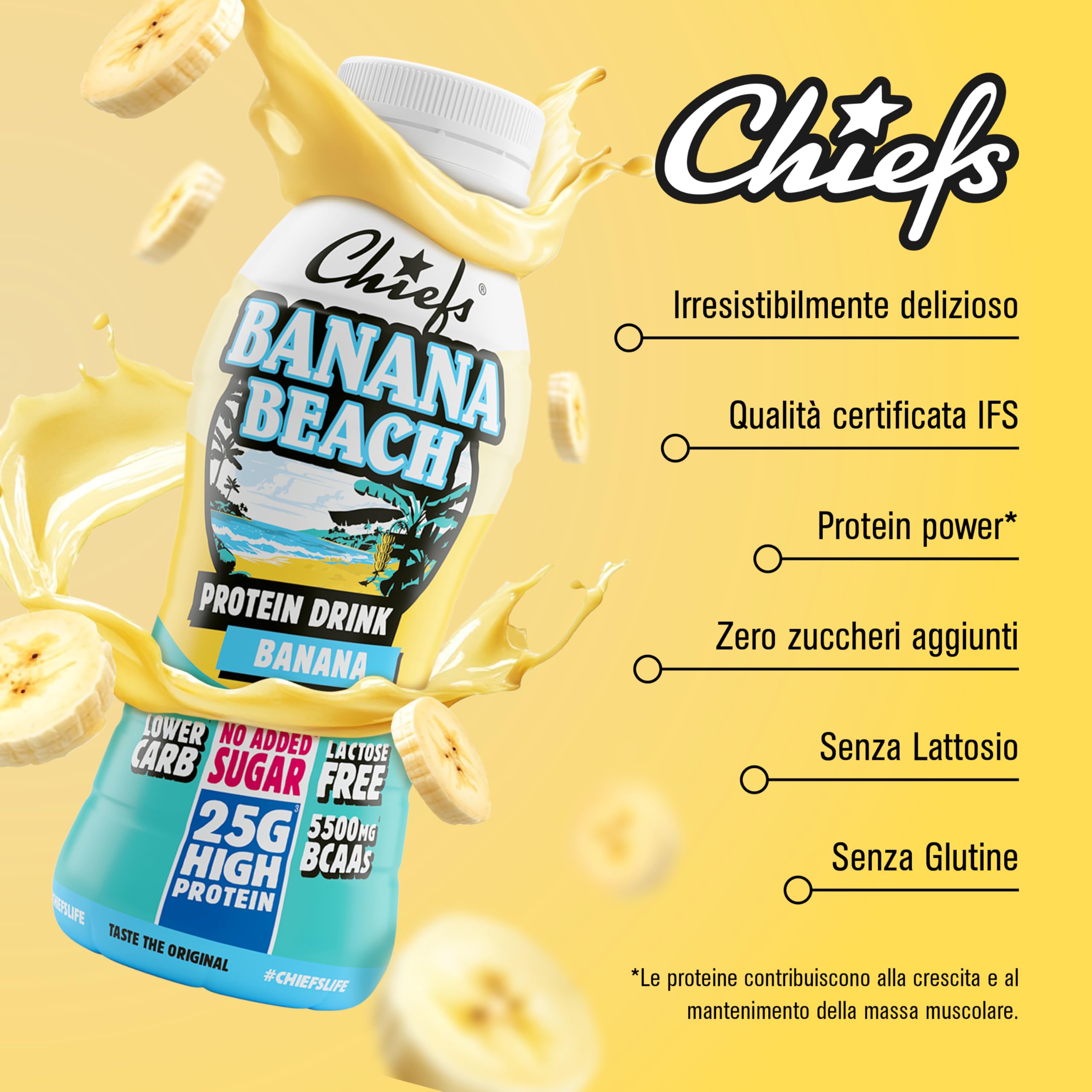 Chiefs® Milk Protein Drink con 25g di proteine e BCAA • Shake ad alto contenuto proteico a basso contenuto di carboidrati • Senza lattosio e senza zuccheri aggiunti • 8 x 330ml (Banana Beach)