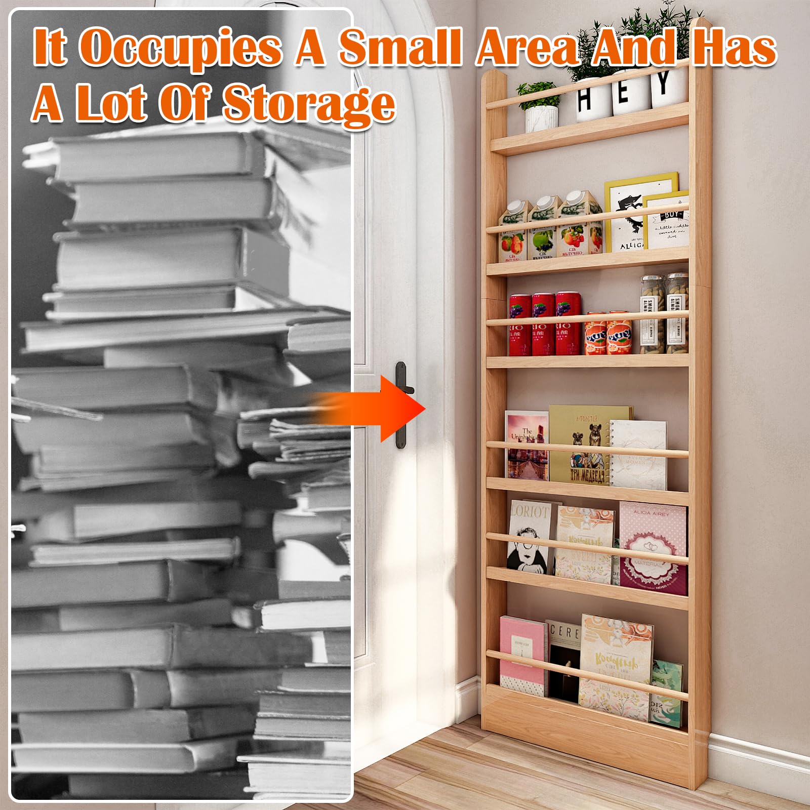 MYOYAY Bibliothèque pour Enfants à 6 Niveaux à Monter au Mur Derrière la Porte Organisateur d’Étagères pour Jouets et Livres Bibliothèque Étroite en Bois Massif Économiseur d’Espace pour Chambre
