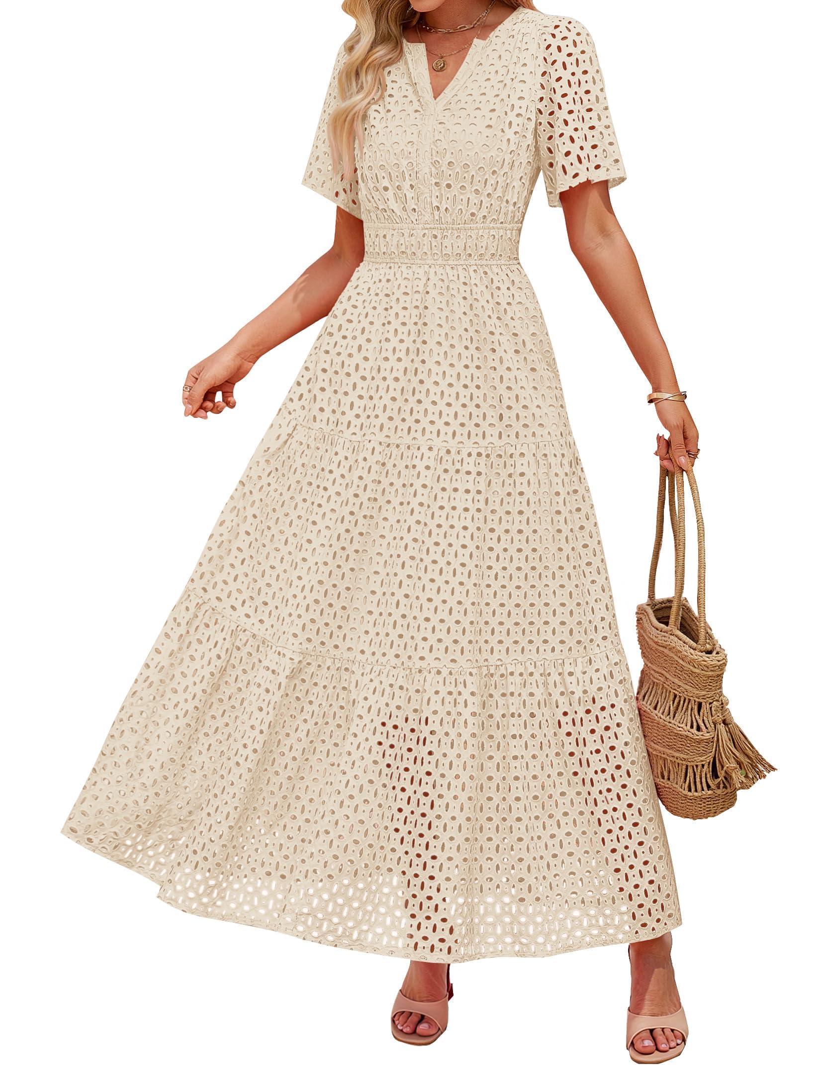 ZESICAWomen's 2025 Summer Short Sleeve Maxi Dress Casual V Neck Hollow Out Eyelet Ruffle Swing A Line Long Dresses