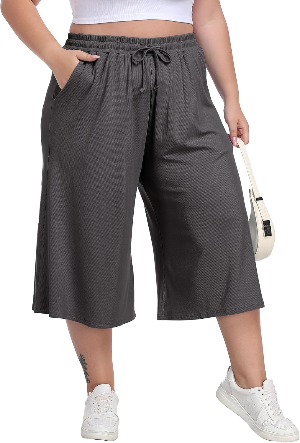 Cheapestbuy Women's Plus Size Wide Leg Capris Summer Palazzo Lounge Cropped Pants Casual Flowy Capri Pants with Pockets - Image 4