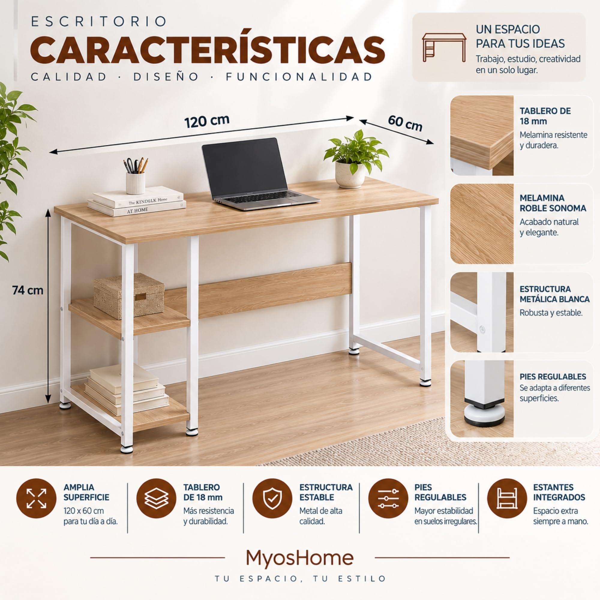 Escritorio Madera Metal, Mesa de Ordenador con 2 Estantes, Metal Blanco y Roble 120 x 60 x 74 cm. Alexis