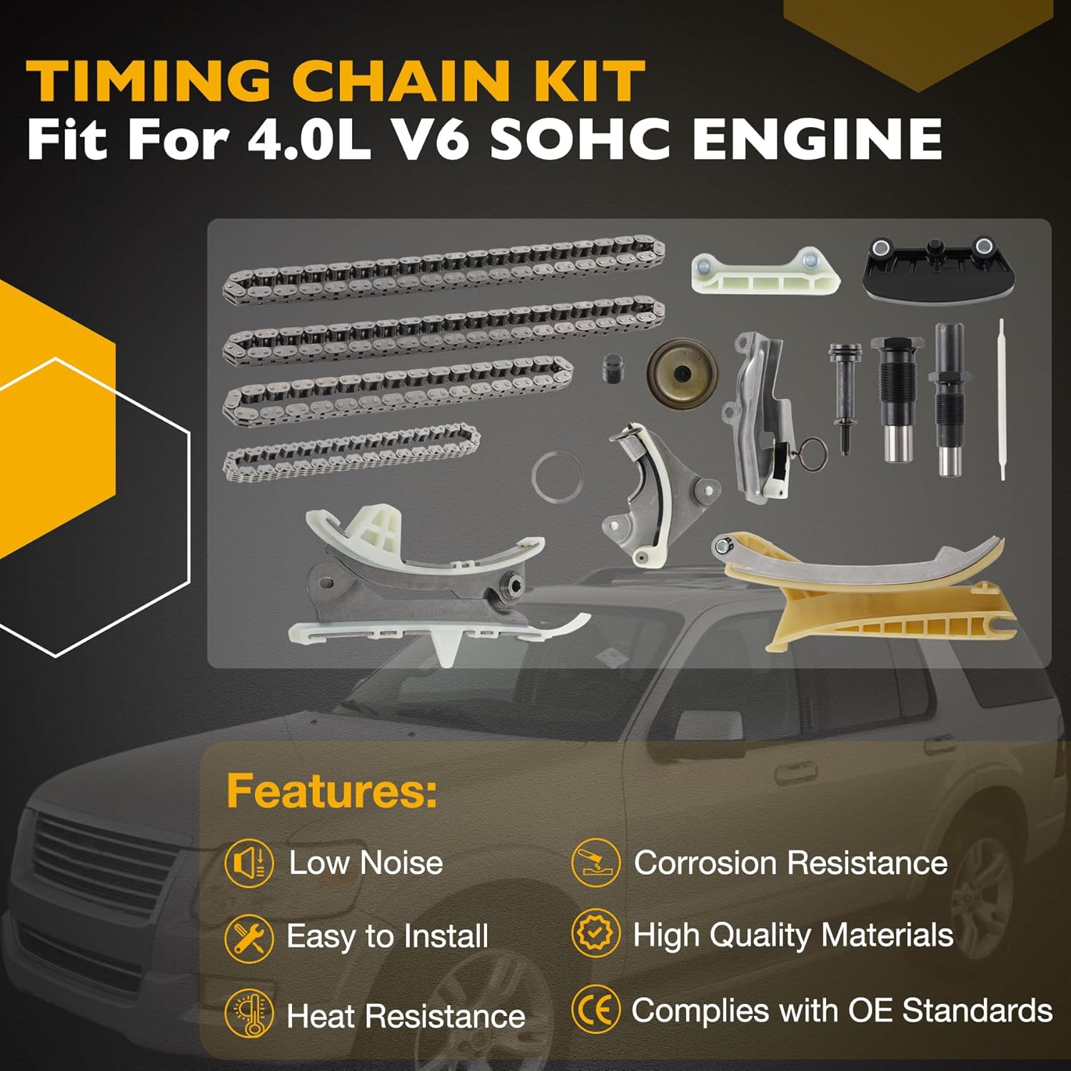 4.0 V6 Engine Timing Chain Kit with Tensioner, Compatible with 2005-2010 Ford Mustang, 1997-2010 Explorer, Ranger Mazda B4000 2001-2010, Mercury Mountaineer 98-10, Fits 4.0L V6 SOHC Engine