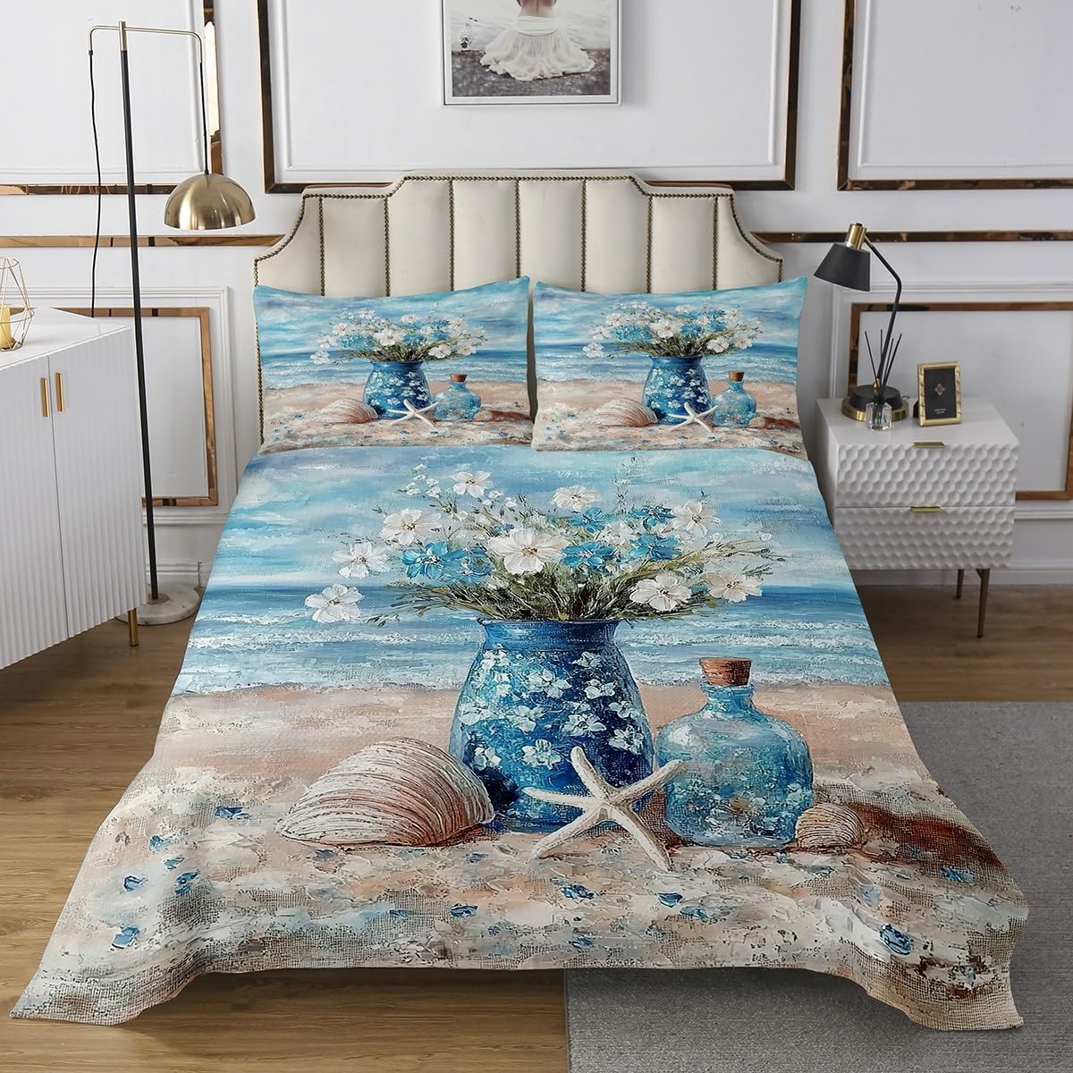 jejeloiu Blue Beach Bedspread King Size Kids Daisy Flroal Coverlet Set for Boys Girls Teens Starfish Coastal Ocean Quilted Coverlet Breathable Ocean Marine Quilted Room Decor