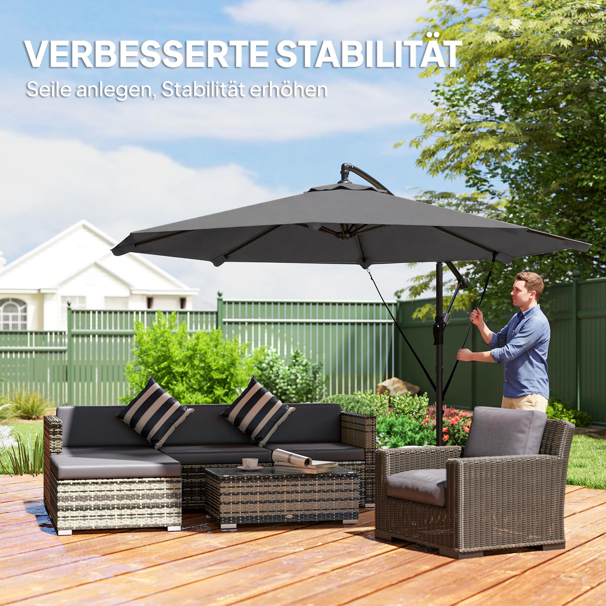 Outsunny Ampelschirm ca. Ø300 cm Neigbar Sonnenschirm mit Kurbel Kreuzfuß Windseilen Schutzhülle, UV-Schutz Wasserabweisend Gartenschirm Marktschirm Kurbelschirm