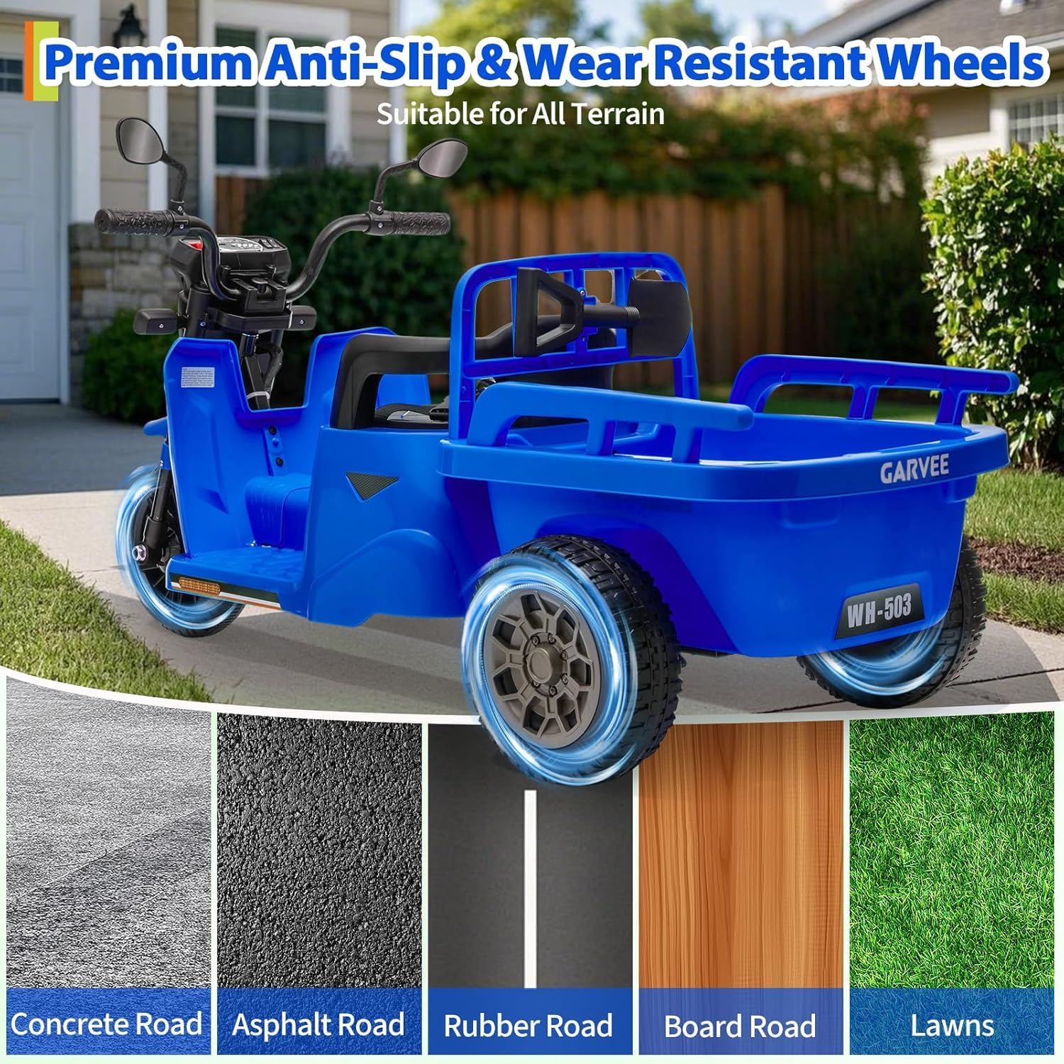 Elektrischer Traktor mit Anhänger 12V, Tuk-Tuk für Kinder, Dreirad, Musik, LED, Hupe – Elektrisches Kinderfahrzeug, Outdoor Spielzeug, 3-6KM/H, Elektro-Trike für Kinder von 3–8 Jahren
