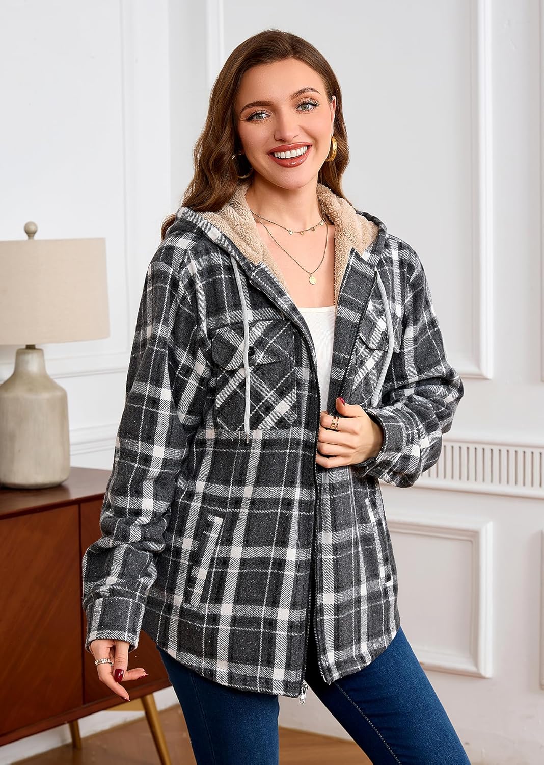 Women's Full Zip Fleece Flannel Jacket Plaid Sherpa Lined Jacket for Women - Image 2