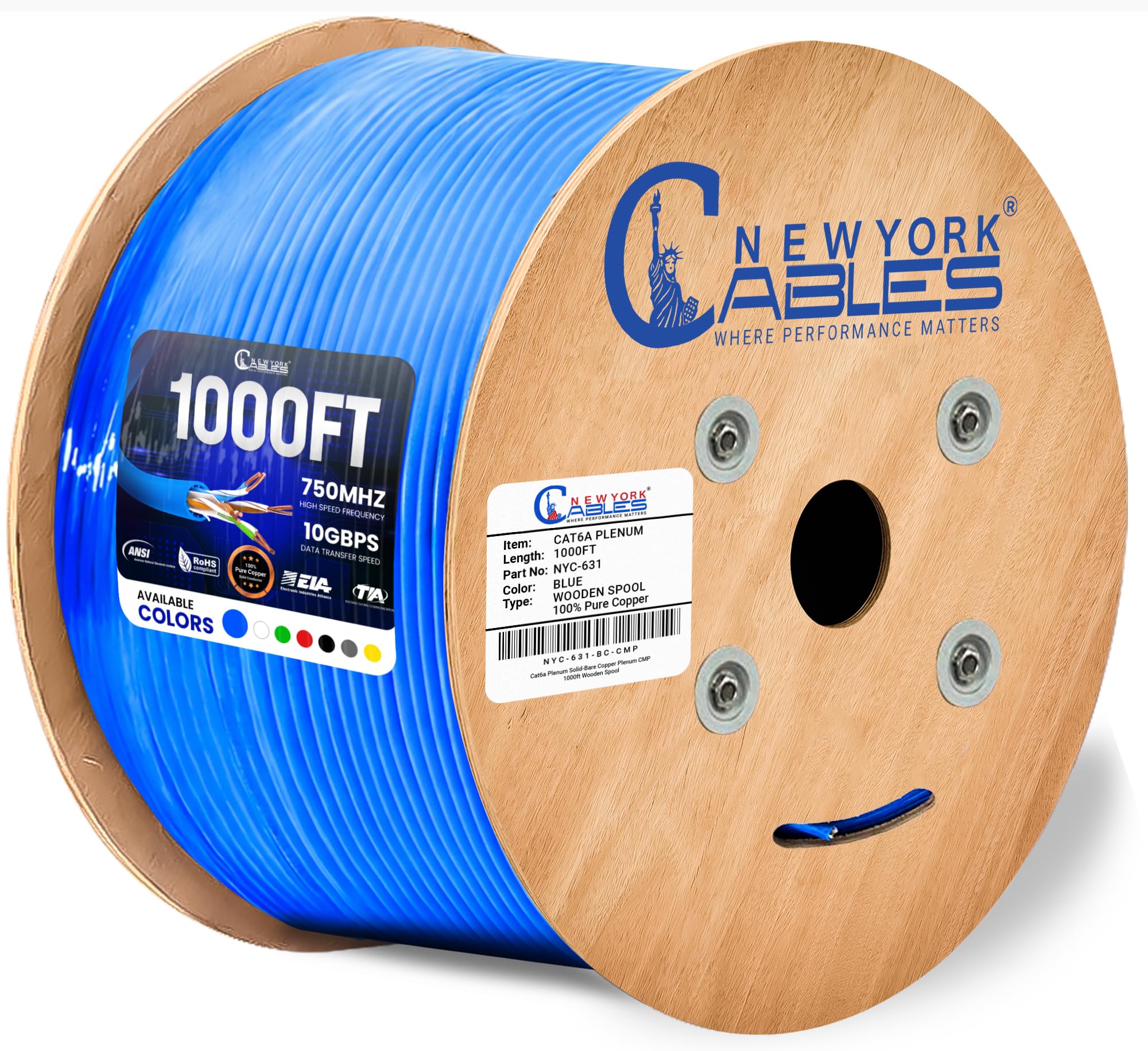 Newyork Cables | Cat6a Plenum Ethernet Cable 1000ft Certified 100% Solid Pure Copper 23 AWG, 10Gbps, 750MHz, PoE++ (4PPoE, up to 90 W) | High-Performance Cat 6a Cable for High Speed Networking