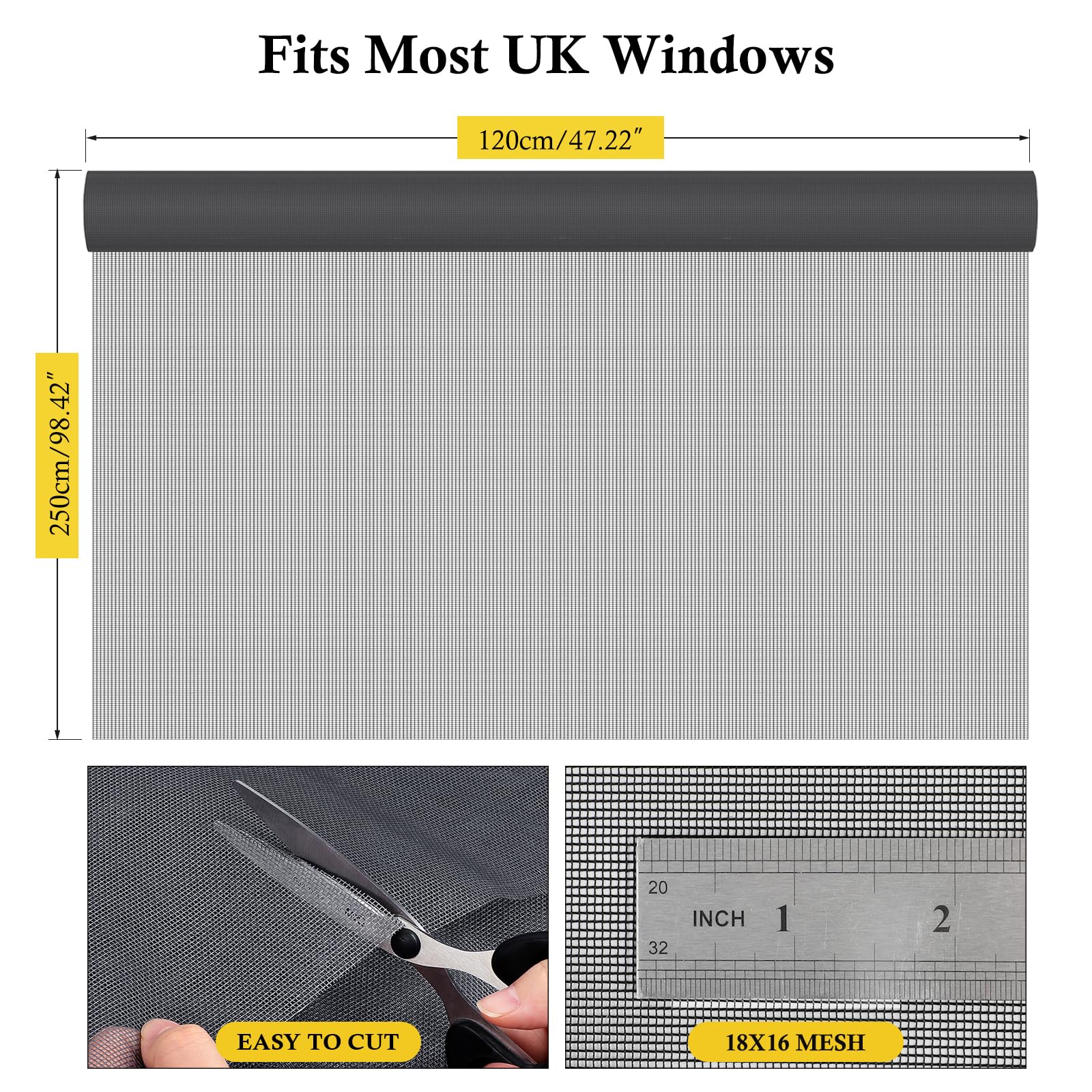 fowong Fly Screens for Windows - 120 x 250cm Grey Polyester Insect Mesh (2-Pack), 120 X 250 cm X 2pcs - Image 2