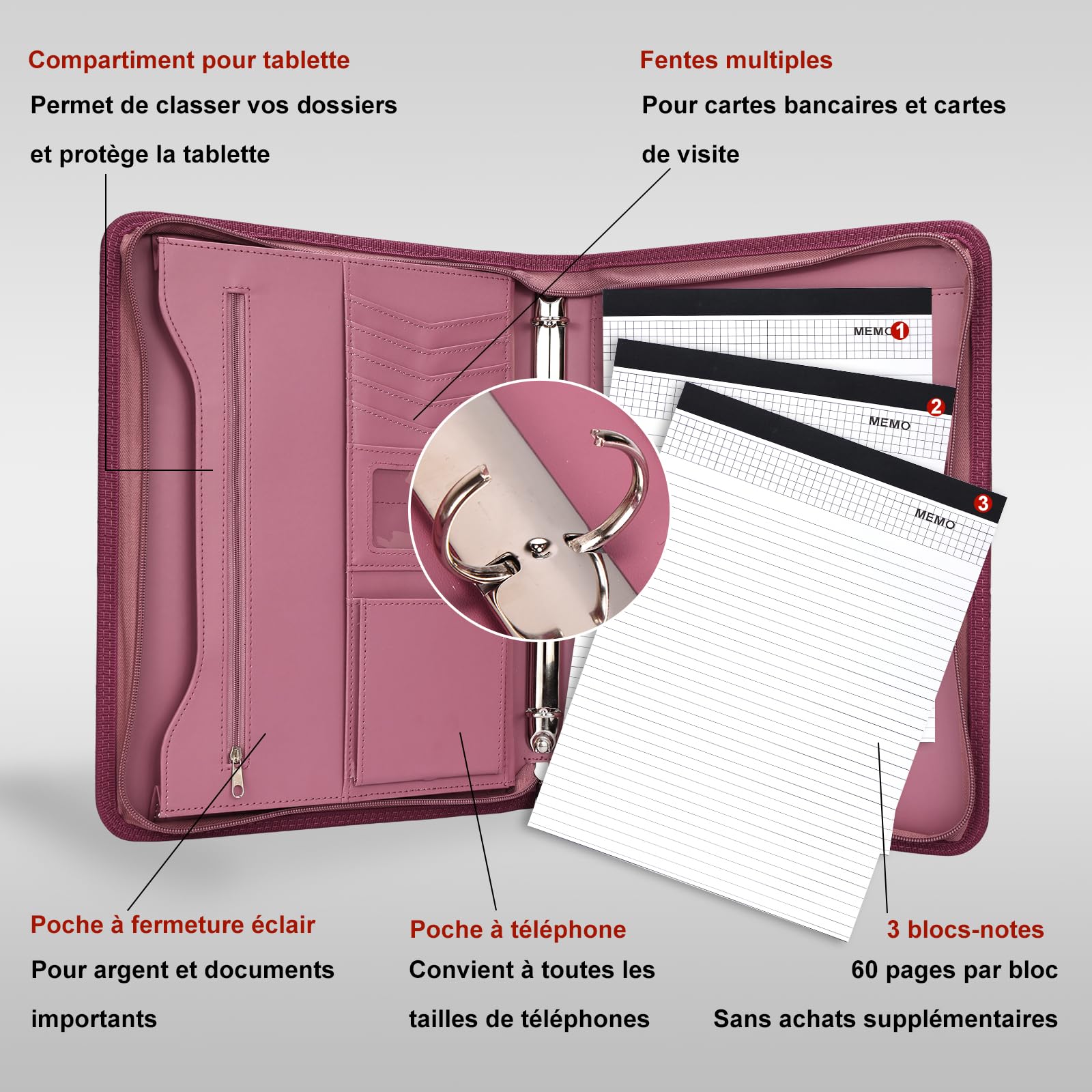 Leathario Portfolio A4 Porte-documents, avec à 4 Anneaux, Organiseur de Conférence, Carnet d'écriture - Dossier de présentation professionnel