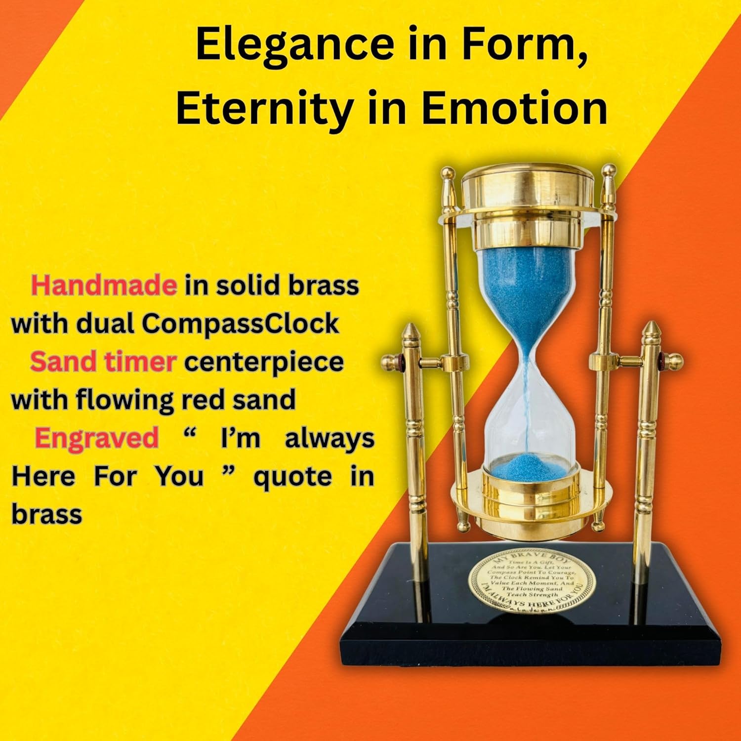 Brass SandTimer ClockCompass - Brave Boy Inspirational Gift for Men | Vintage Table Top Desk Decorative Uplifting Gifts