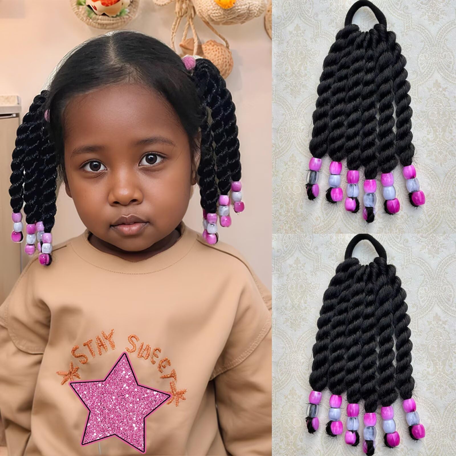 2 Pieces Kids Ponytail With Beads 6inch Two-Strand Twists Braided Ponytails for Kids Braids with Beads Protective Braided Hairstyles for Black Girls(Rose Red Beads)