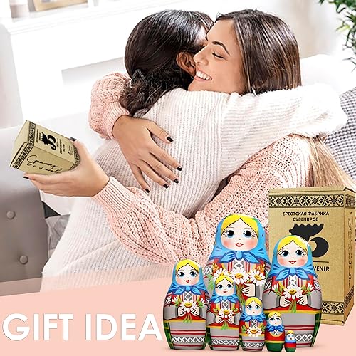 Miniatura 6 de AEVVV Juego de 7 muñecas rusas de anidación - Muñeca Matryoshka en vestido tradicional bielorruso - Muñeca rusa con acianos, espiguillas y flores de