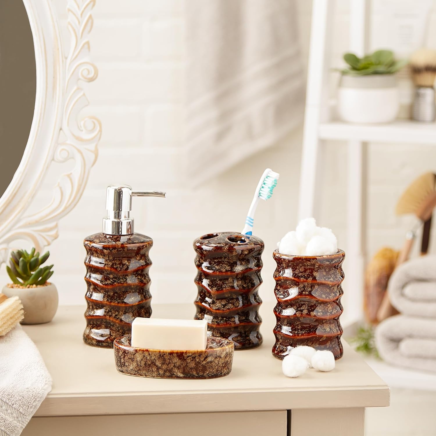 Zingz & Thingz Porcelain Bath Accessory Set, 2.87x2.87x7, Brown Stony, 4 Piece