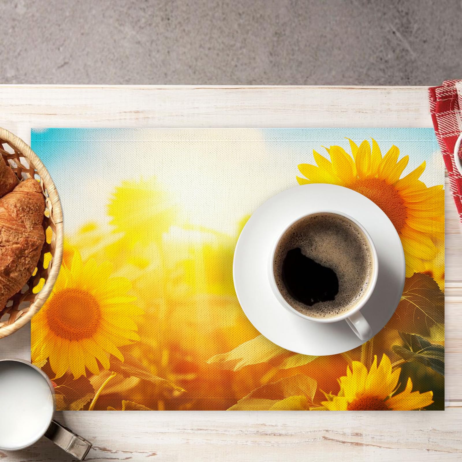 Set di 8 Tovagliette Americane Lavabili Cotone Lino Fiori - Tovaglietta Americana Resistenti al Calore Durevole Girasole - per Colazione Pranzo 30×45 cm