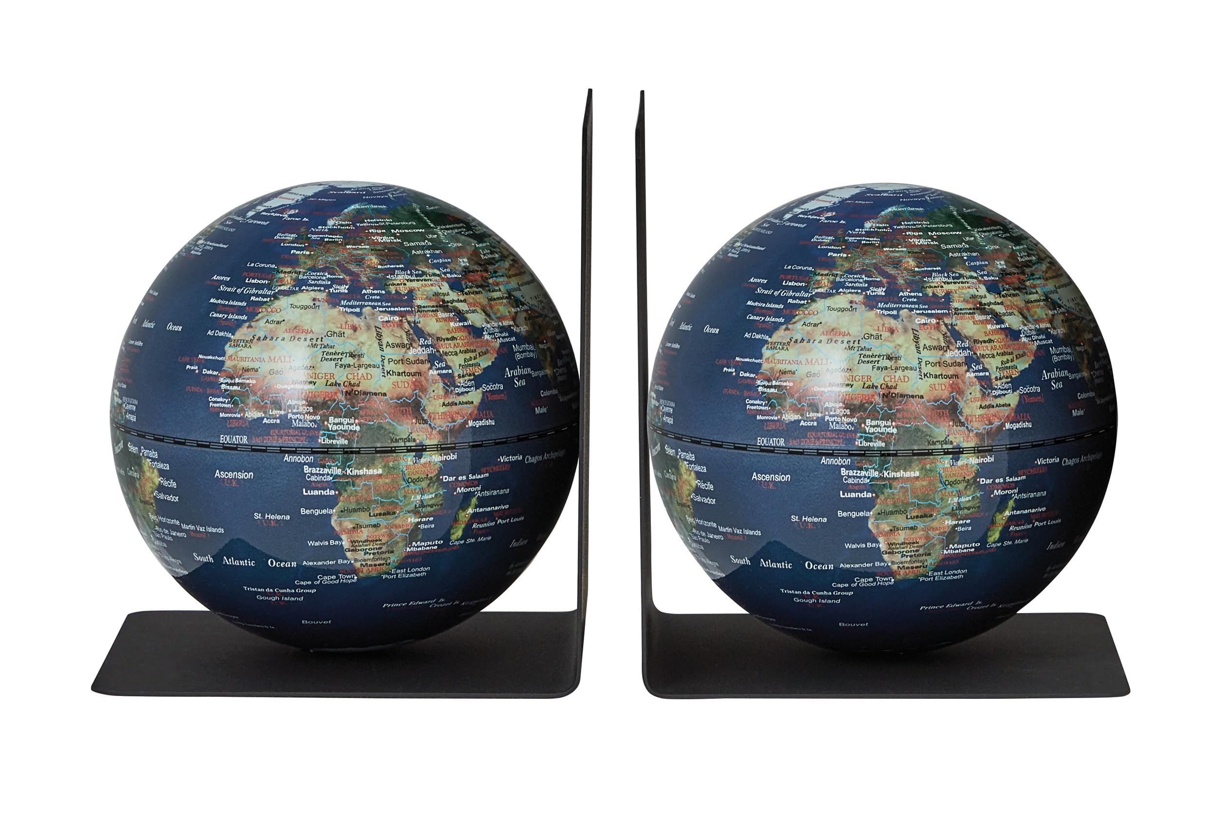 TROIKA Globus Buchstützen aus Metall BOOKGLOBE Ø 13 cm magnetisch balancierte Globen blaugrüne topographische Karte, zusammen 1,2 kg - im hübschen Karton ideal zum Verschenken