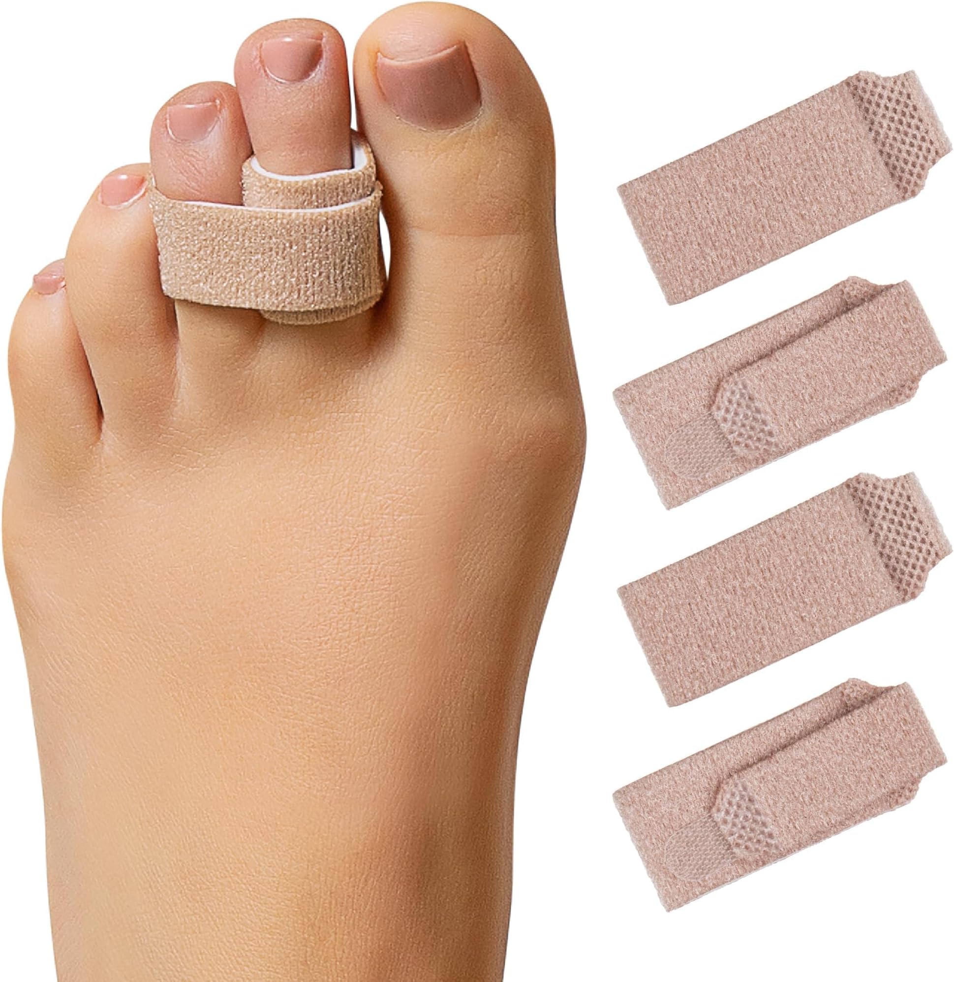 ZenToes Hammer Toe Corrector for Women & Men - Reusable Fabric Buddy Wraps for Broken Toes - Cushioned Toe Splint for Protection & Recovery & Hammertoe Straightener - 4 Count (Small, Beige)