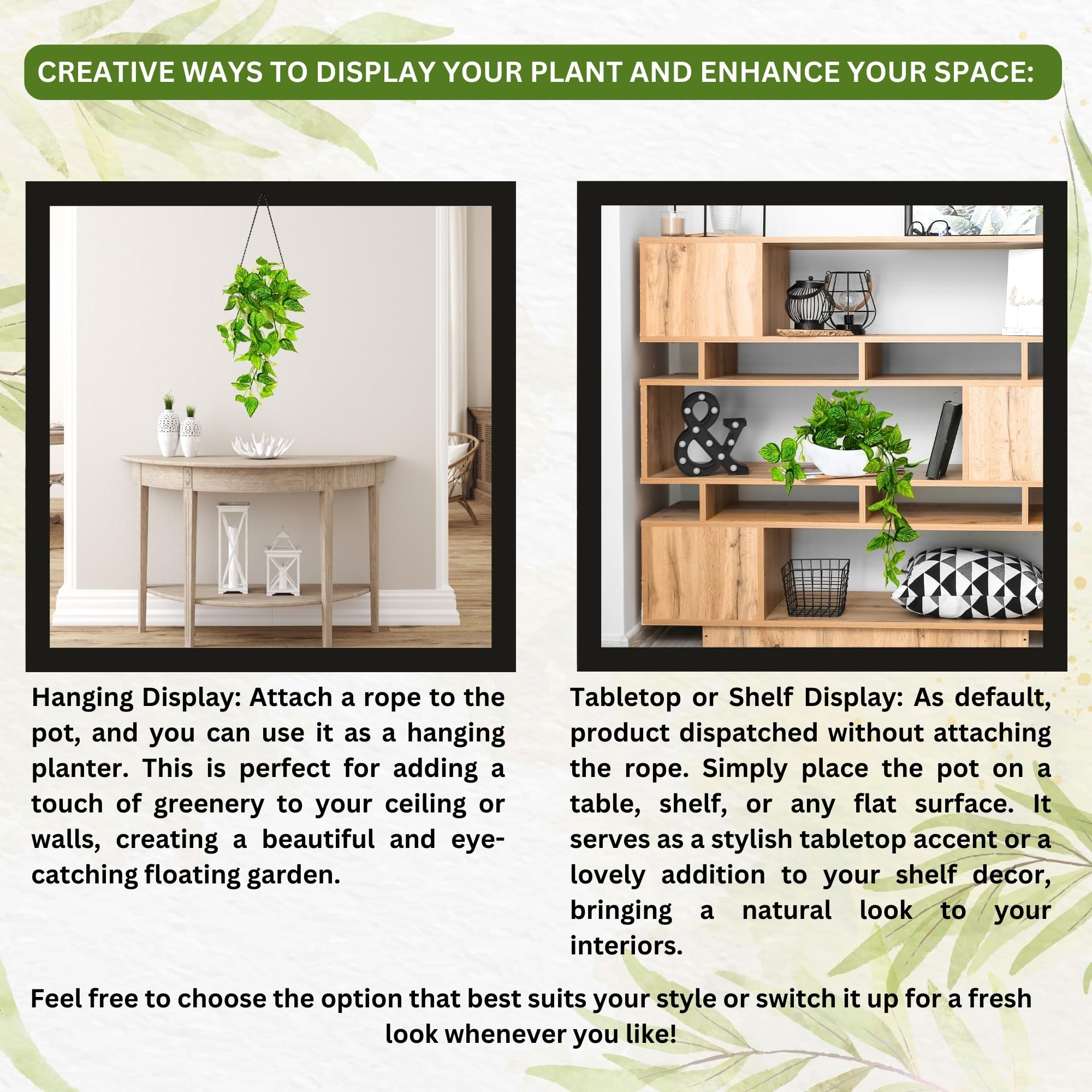 fancymart Elegant Artificial Plant Falling Leaves with Pot for Home & Office Decor – Versatile Potted Plant for Tabletop, Shelves, or Hanging Display 2