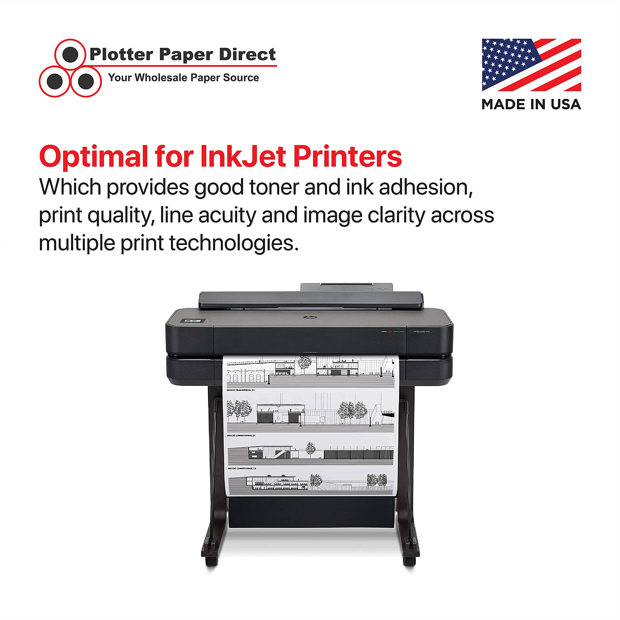 Plotter Paper Direct (9.1 kg | 4 rollos, 30 pulgadas x 300 pies | núcleo de 2 pulgadas) rollo de papel de inyección de tinta sin revestimiento