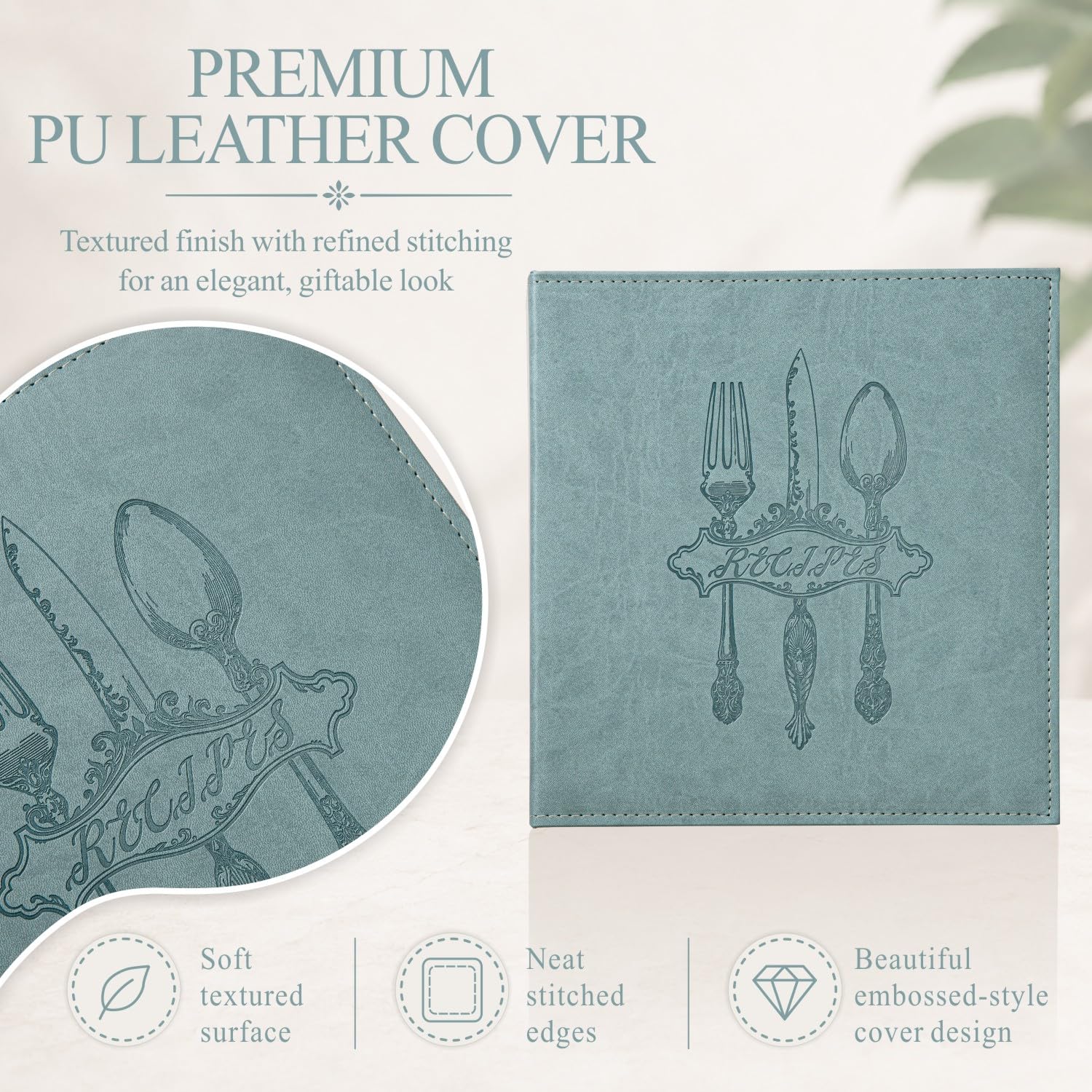 COFICE Raccoglitore per ricette, 21 x 28 cm, 3 anelli, vuoto, per scrivere le proprie ricette, con copertina in similpelle PU e buste in plastica (acquamarina)