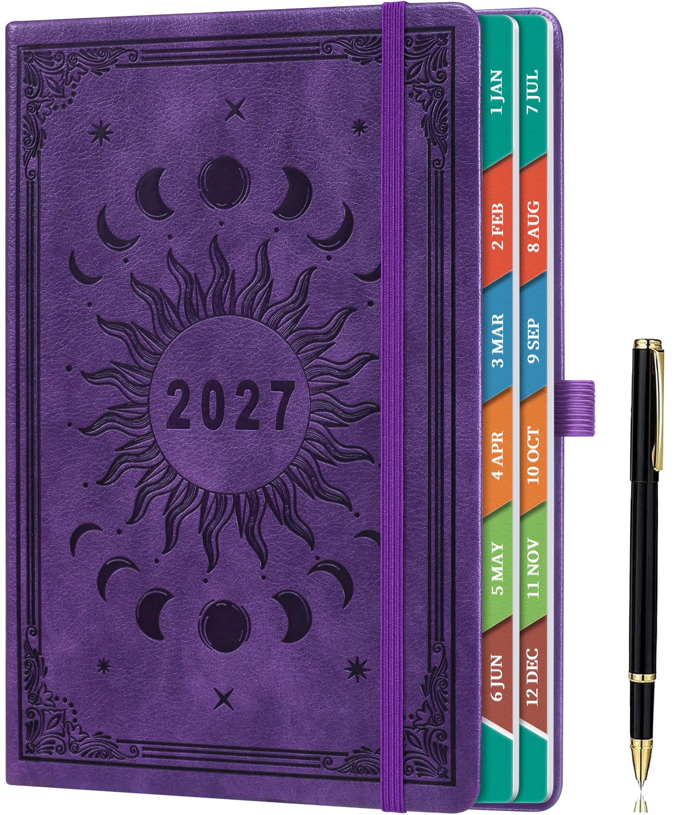 ZXHQ Diary 2027 Day Per Page A5, Jan - Dec, with Colorful Tabs, UK Holidays, Inner Pocket,100 Gsm Paper, Pen Set, Full Year Daily Planner 2027 with Monthly View, 5.9" × 8.5" - Galaxy Purple
