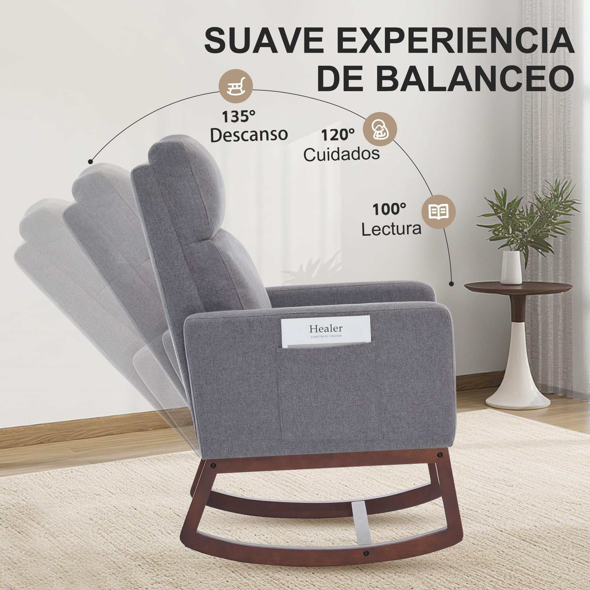 Silla Mecedora de Lactancia Lino, Respaldo Alto, Bolsillos Laterales, Patas de Madera (Gris Carbón)