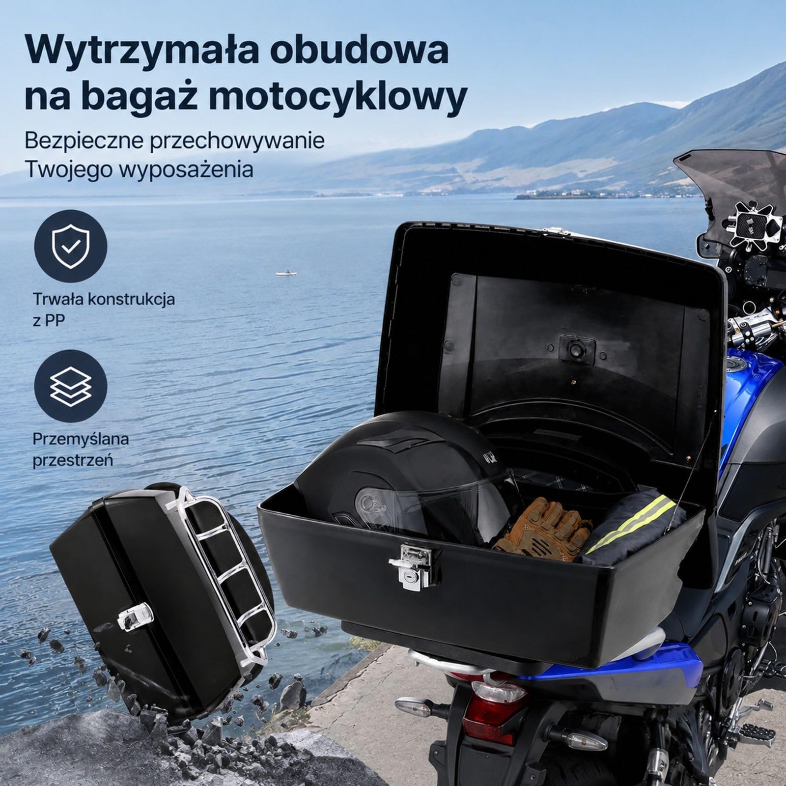 Kufer motocyklowy 48L, uniwersalna skrzynia z PP na tylny bagażnik do