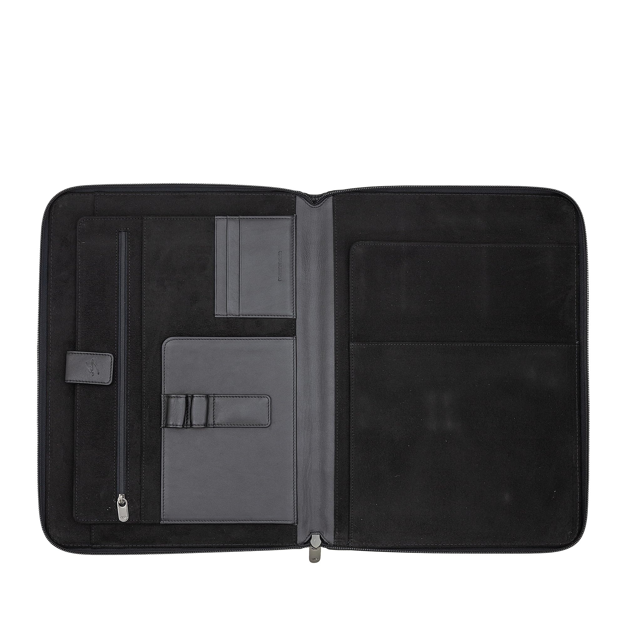 Cartella Portadocumenti A4 in Pelle, Organizer da Lavoro Porta Blocco Note, Portapenne, Porta Tablet con Cerniera a Giro Nero
