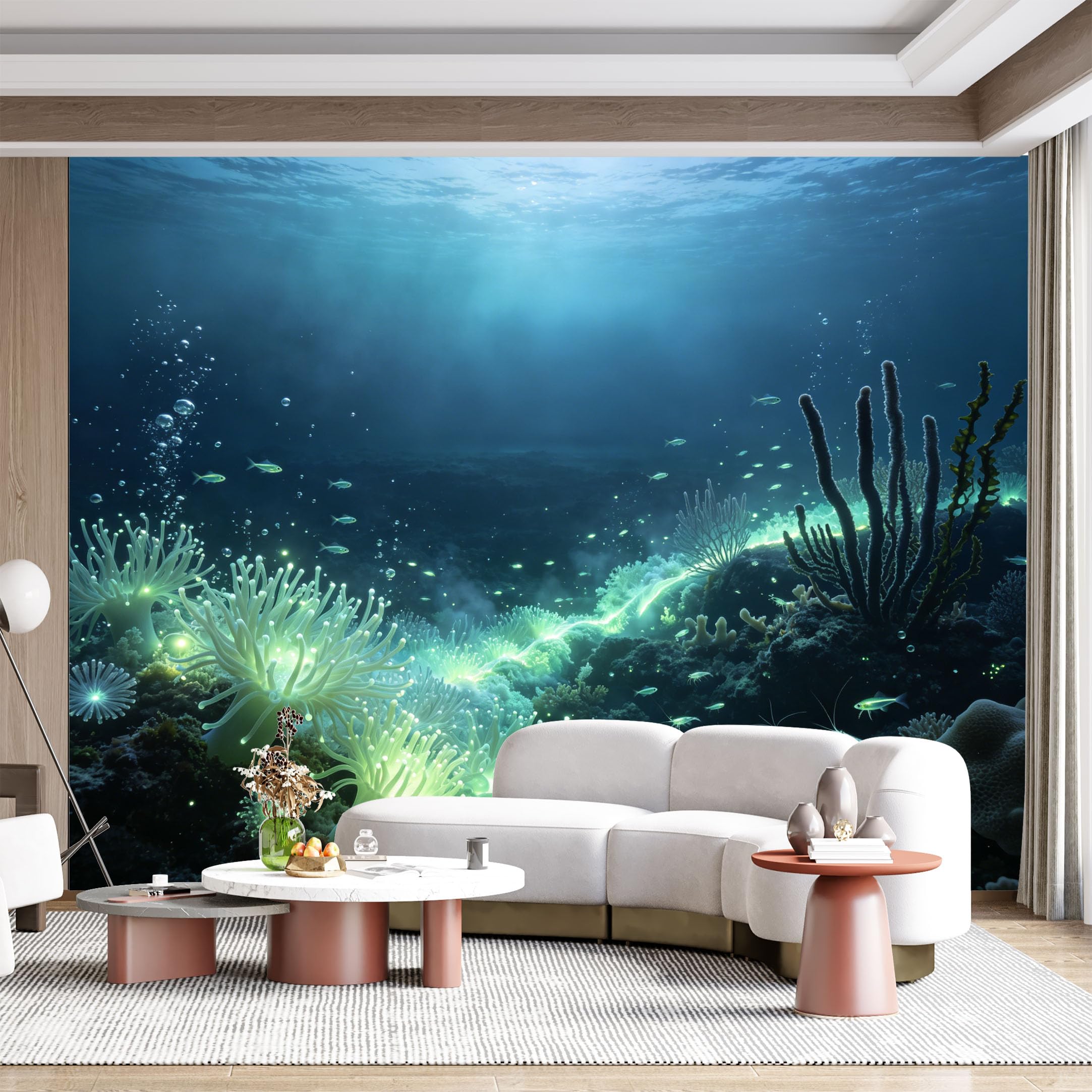 Custom Size Wall Mural Bioluminescent Ocean Coral Reef Marine Life Sea Creatures Underwater Landscape Panoramic SelfAdhesive Wall Fabric Removable for Home Office Decor