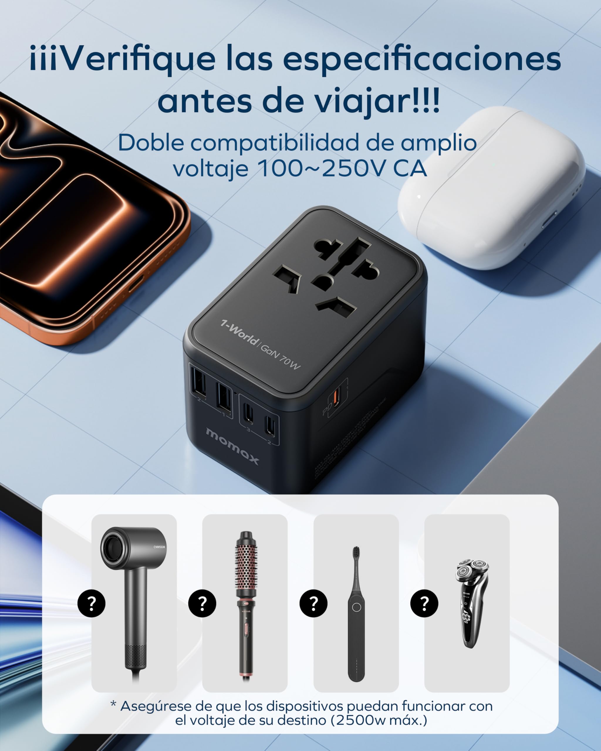 MOMAX 70W GAN Adaptador Enchufe Universal, Enchufe Universal con 2 USB A y 3 USB C, Adaptador Universal Enchufe Viaje, Adaptador de Viaje para Inglaterra, EE. UU., Japón, Tailandia y Australia