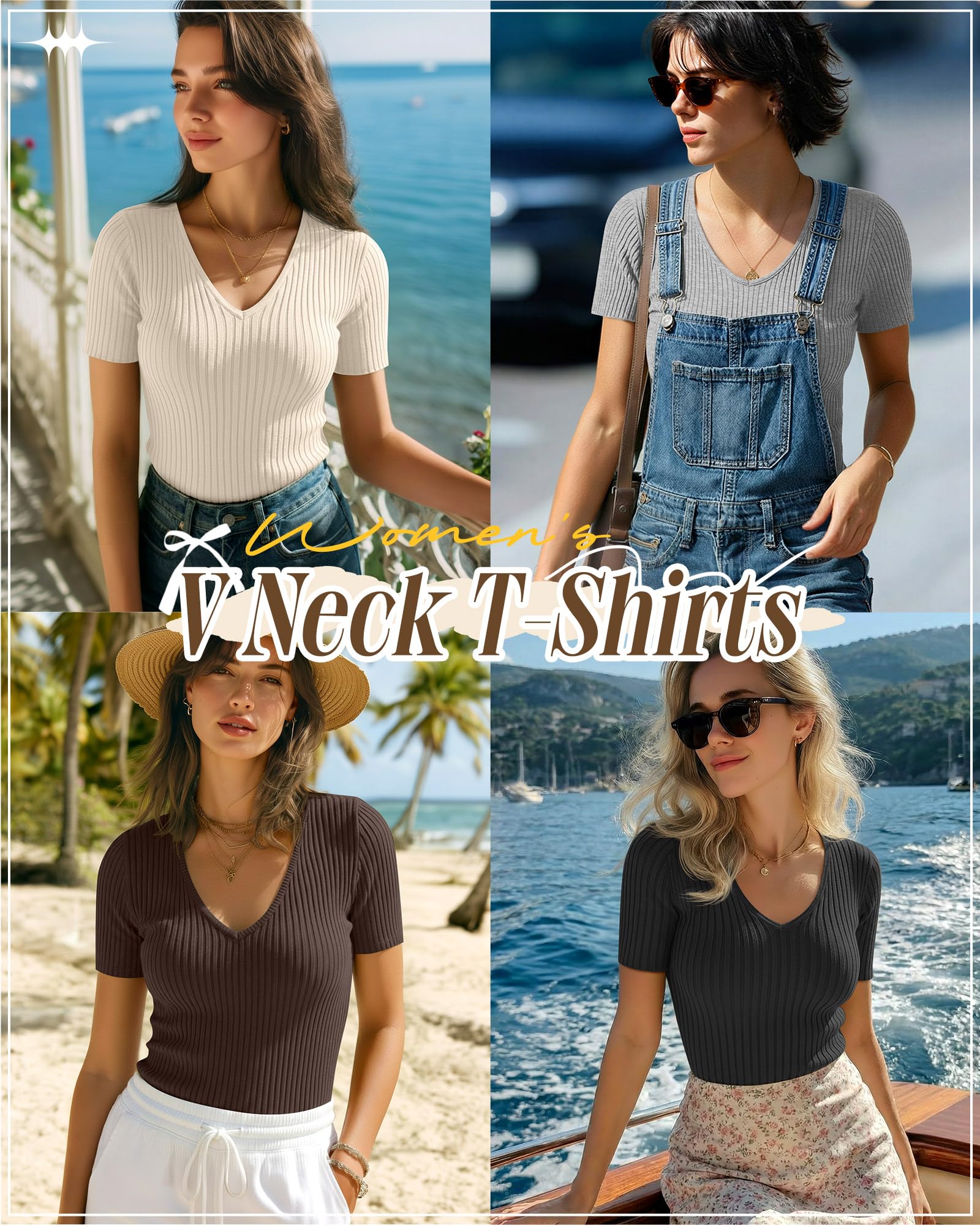 Neer Paquete de 4 camisas acanaladas de algodón con cuello en V para mujer | Camiseta de manga corta ajustada, camiseta básica suave y elástica, ropa de moda casual de verano, trajes para salir del año